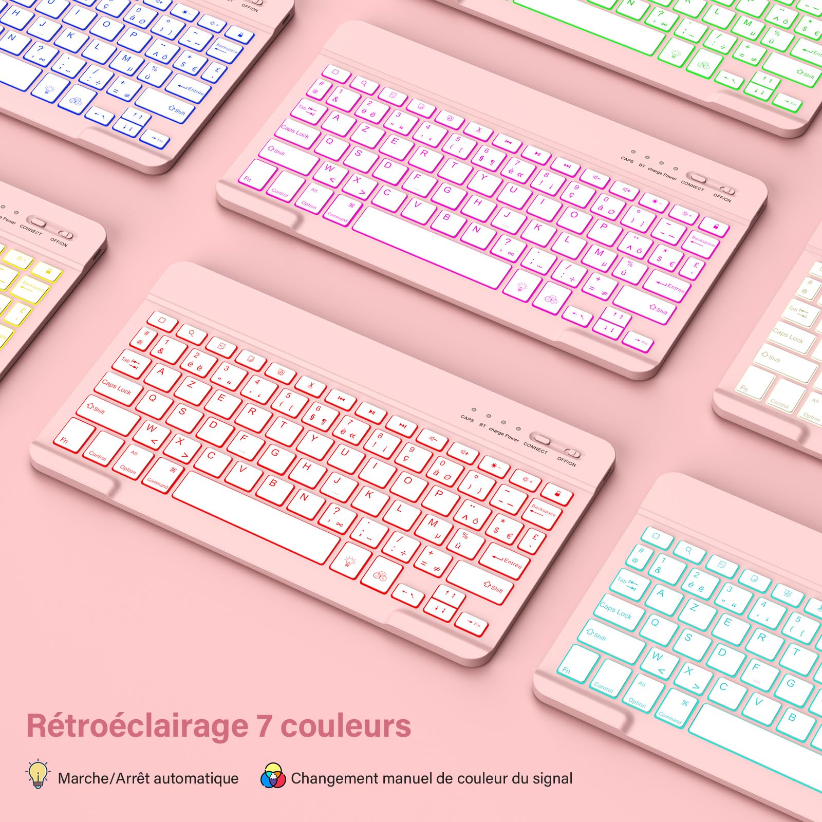 KBCASE Coque Clavier pour iPad A16 11/10 Ème Generation (11 Pouces 2025/10.9 Pouces 2022) Étui Keyboard Bluetooth pour iPad 10eme/11eme avec 7 Couleurs Rétroéclairées,Porte Crayon,AZERTY Français,Rose