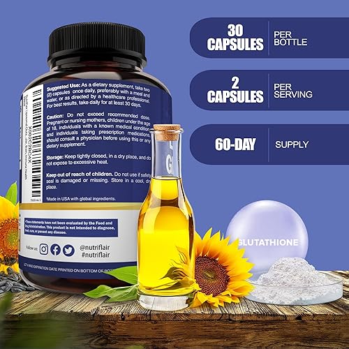 Miniatura 3 de NutriFlair Glutatión liposomal Setria® 700 mg - Pure reductasa, estable, activa forma L glutatión reductasa (GSH), absorción mejorada, antioxidante