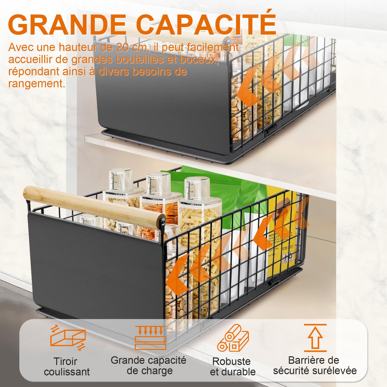 Lot de 2 tiroirs extensibles de cuisine, en acier au carbone de qualité supérieure, tiroir télescopique ultra silencieux, 40 cm x 23 cm x 20 cm, convient pour la cuisine, la salle de bain, le