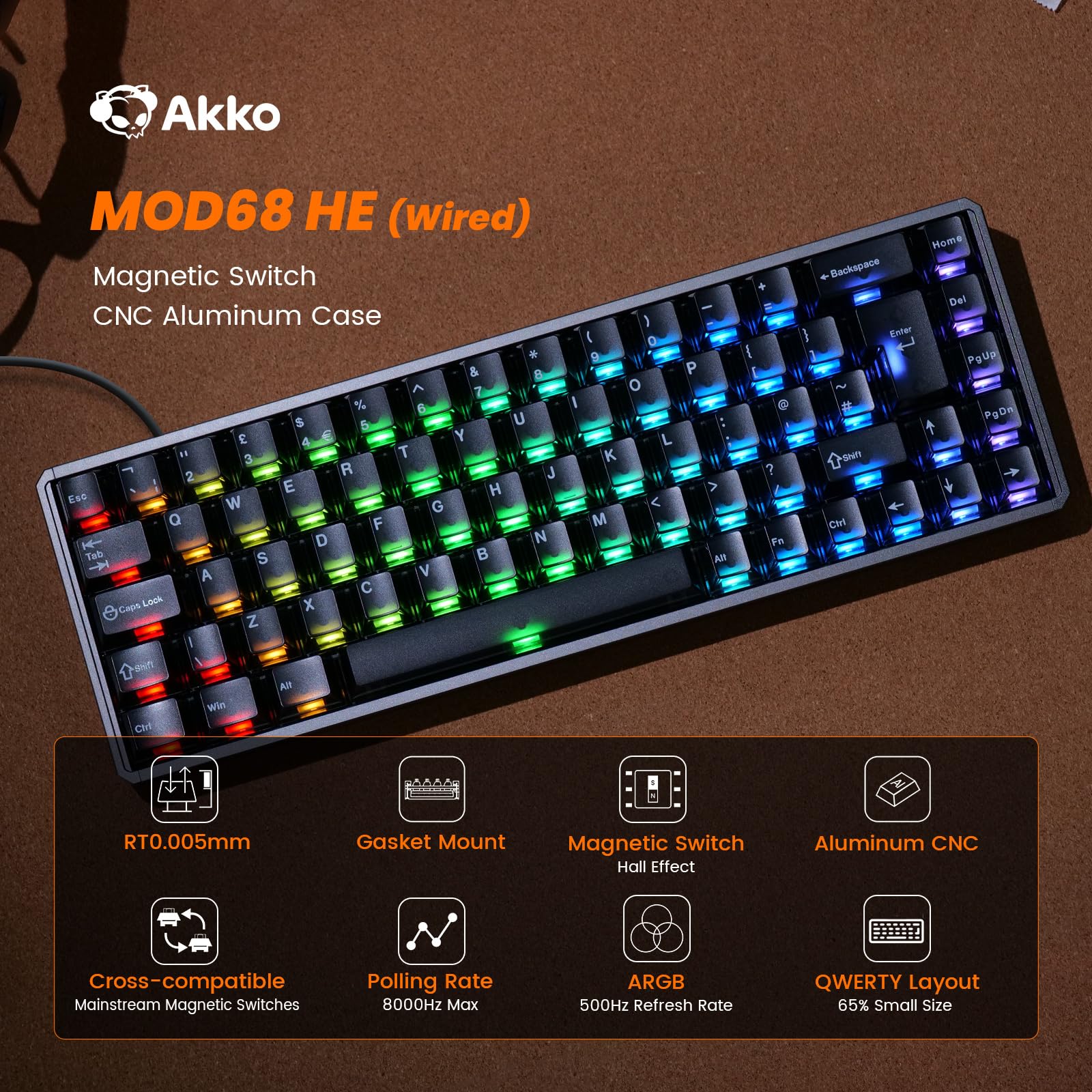 Akko MOD68 HE 8K Rapid Trigger Keyboard, aluminium CNC, klawiatura z efektem Halla, układ 65% ISO-UK QWERTY, RT0,005 mm (czarny przezroczysty, przełączniki magnetyczne AstroAim)