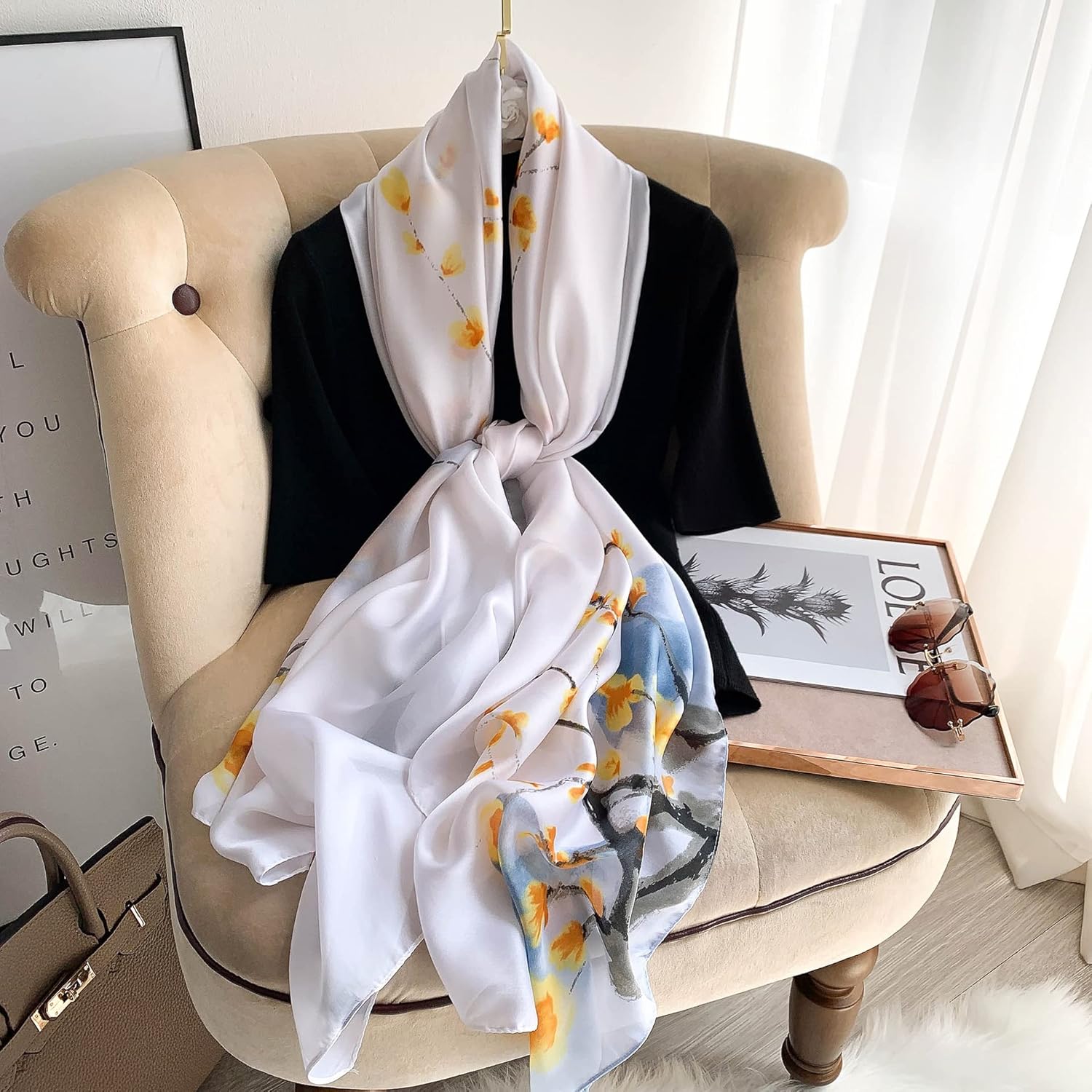 Silk Feeling Long Satin Scarf Fashion Beach Scarf Shawl Check Style Sunscreen Shawls Wraps-Lightweight Pattern - Image 2