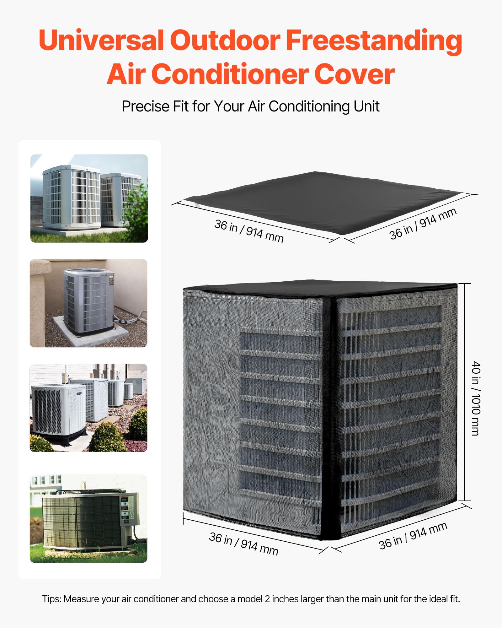 VEVOR Funda Protectora para Aire Acondicionado de Exterior, 914 x 914 x 1010 mm, de Dos Capas, con Techo Extraíble, de Poliéster Resistente al Agua y Malla Transpirable, Universal, Color Negro