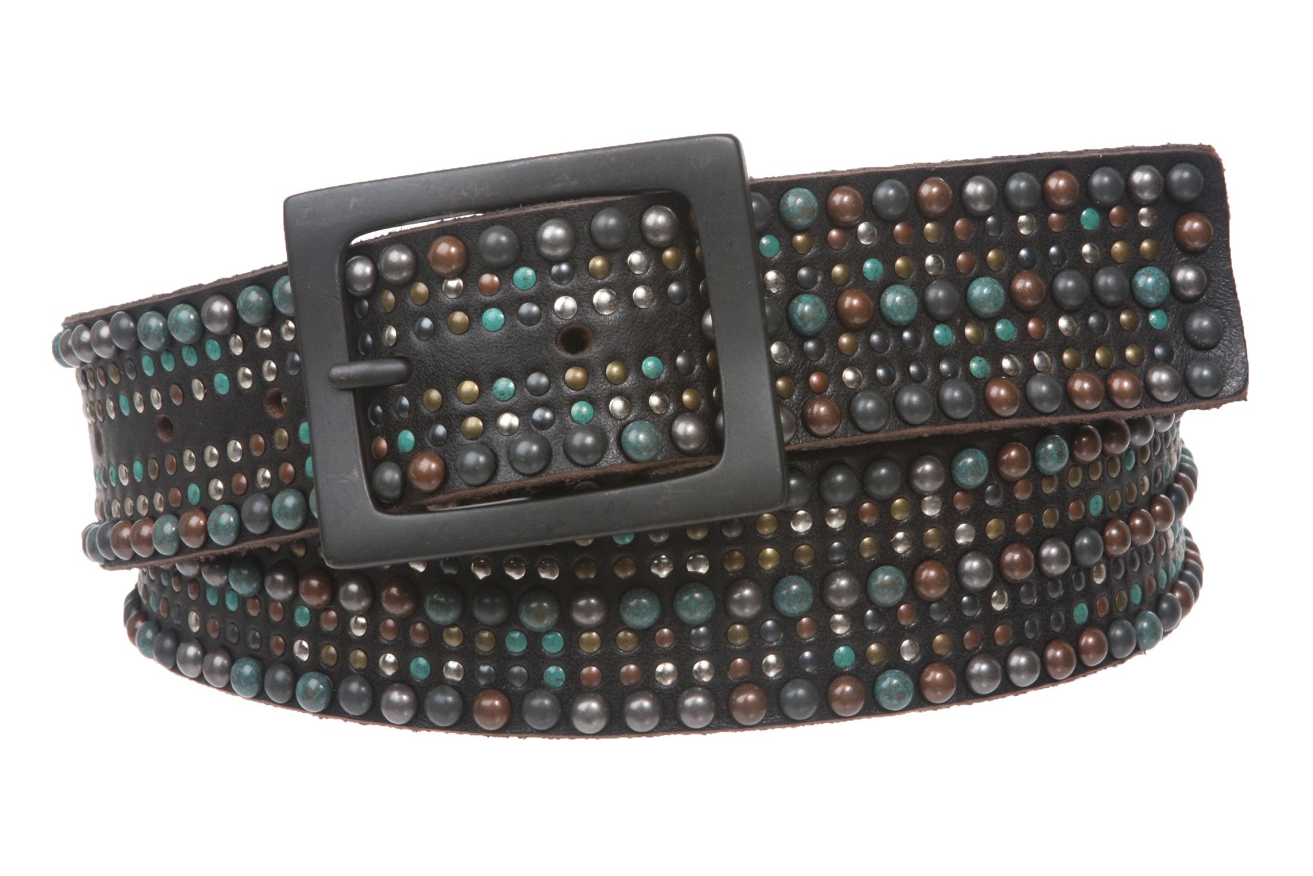 Snap On Tiny Multiple Turquoise Rivet Circle Studded Leather Jean Belt, Black | 38