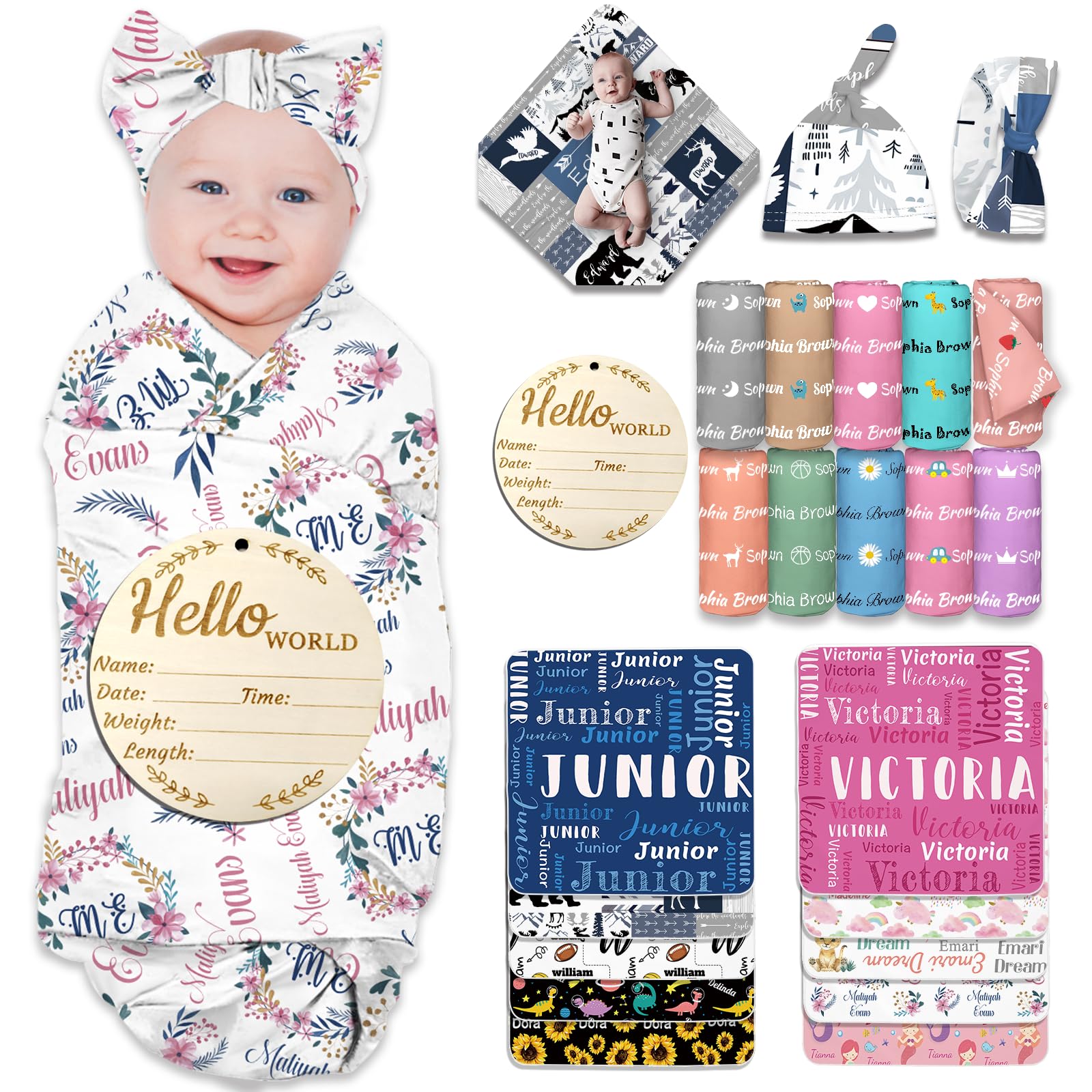 Busparst Personalised Baby Swaddles Blanket with Name Custom Newborn Receiving Blanket Headband Set Baby Swaddle Customized Gifts for Baby(Girl)