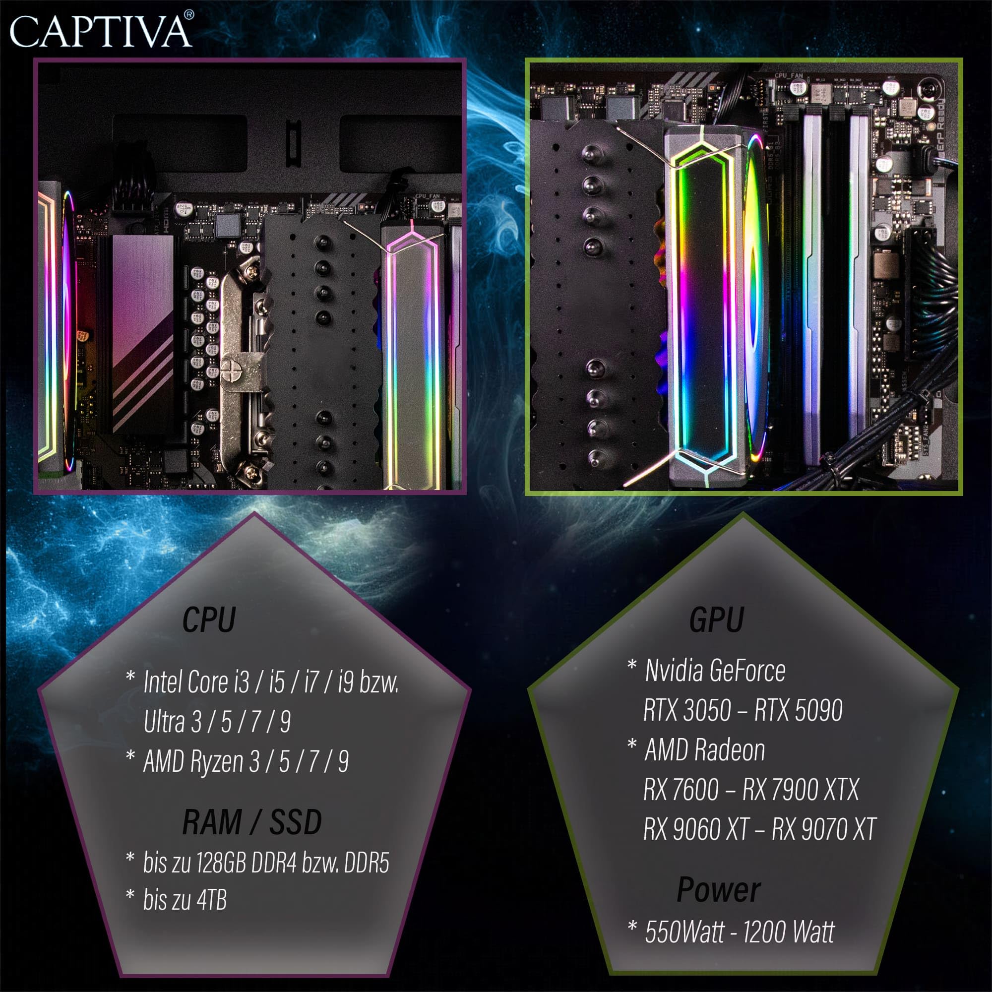 CAPTIVA PC Highend Gaming R89-550 (Ryzen 7 9700X/RTX5070 Ti 16GB GDDR7/SSD 2TB/32GB/WLAN/Windows 11 Home 64-bit) (89550)