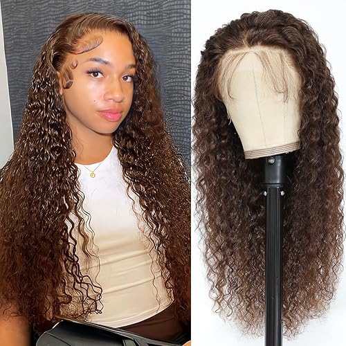 VCkiss Pelucas de encaje frontal marrón para mujeres negras, cabello humano ondulado profundo color 4# 13x4, pelucas de encaje frontal HD de 13 x 4,