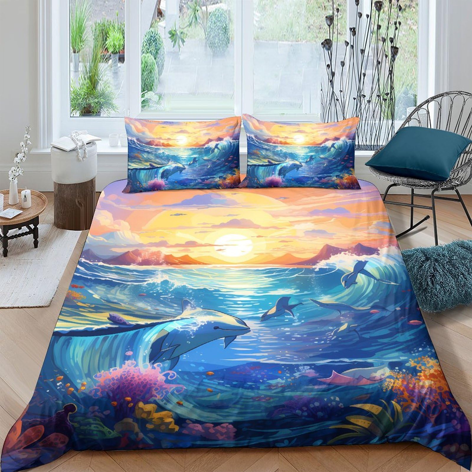 GPLZQXKJNH 3D Printed Ocean Sunset Duvet Cover Microfiber Soft Breathable Wave Bedding Set with 2 Pillowcases for Bedroom Decor Single（135x200cm）