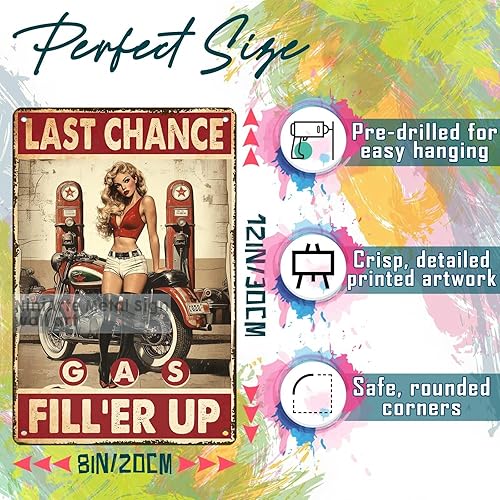 Miniatura 2 de Pin Up Girl Motorcycle Metal Tin Sign Gas Fill'er Up Retro Motorcycle Lady Gas Station Wall Art Decor for Home Garage Office Bar Cafe Wall Decor