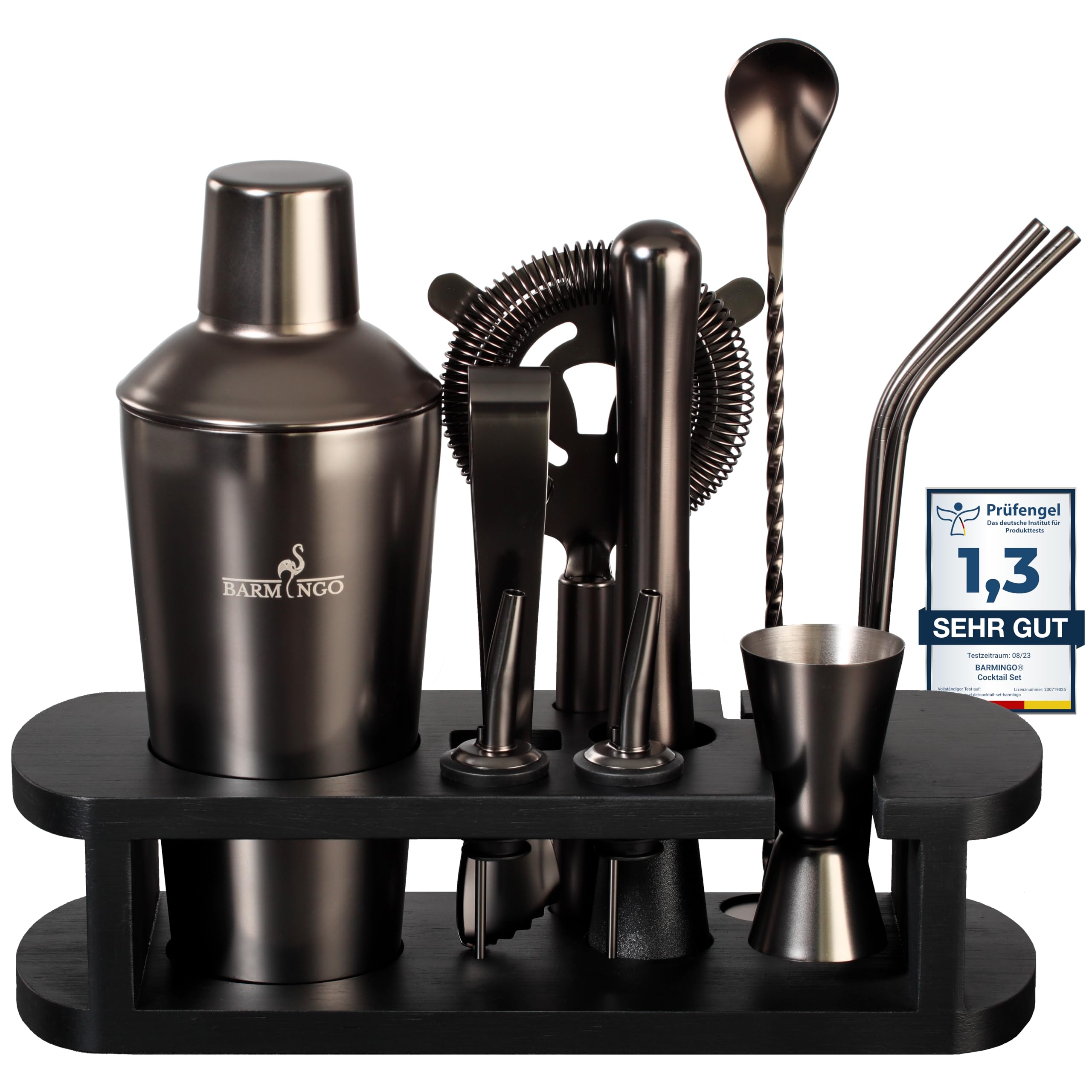 Edelstahl Cocktail Set 11tlg. – 700 ml Cocktail Shaker Set mit Ständer und Bar Zubehör, Cocktailshaker Set | Barkeeper Set | Cocktail Mix Set | Bar Set | Geschenkset | Schwarz