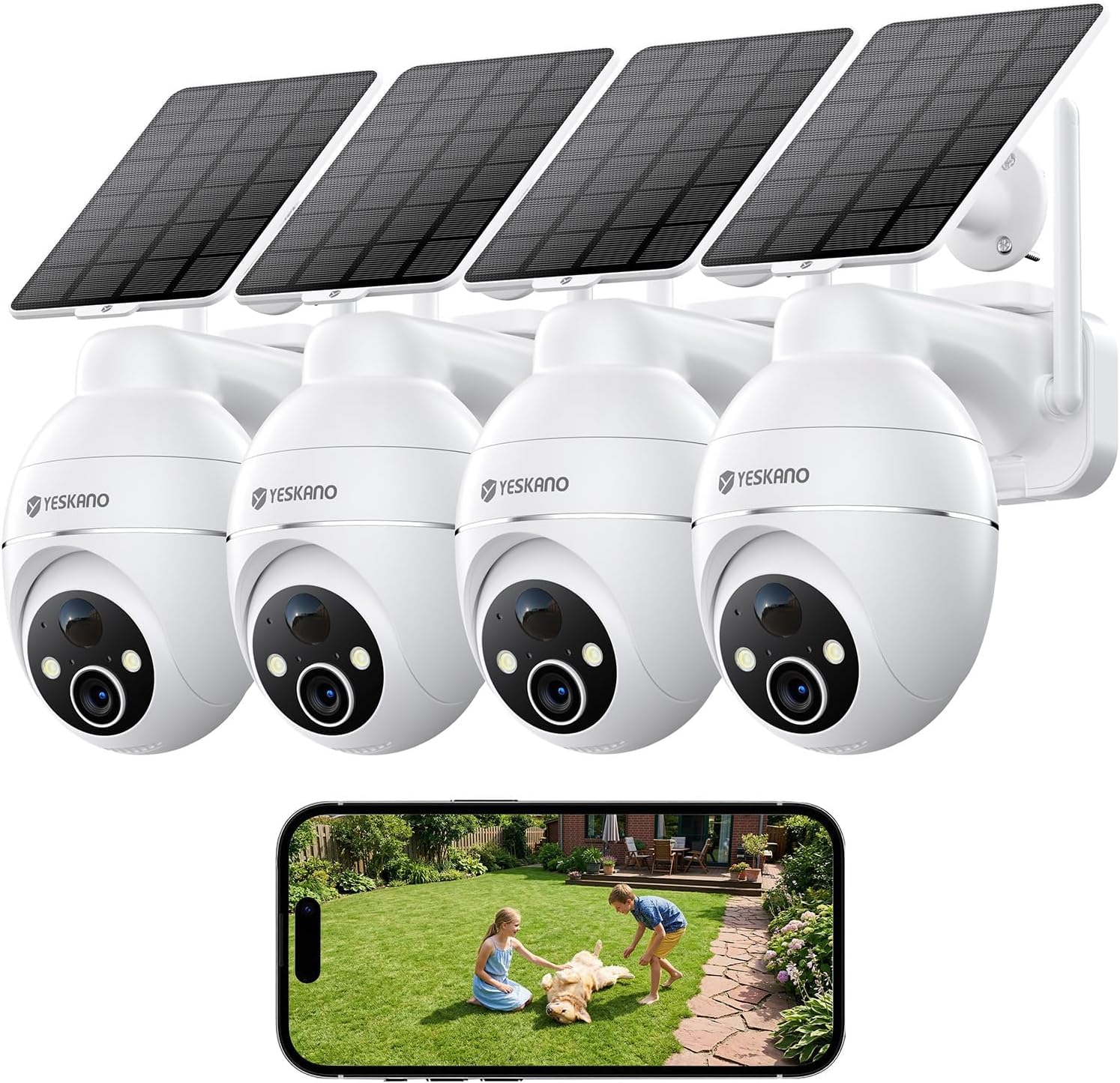 YESKANO Outdoor WiFi Surveillance Camera Solar 2K Wireless Pack 4 for Four Zones, Solar Panel with Battery, 360° PTZ, Night Vision Color, PIR, Without Subscription (White) Global Recycled Standard Global Recycled Standard Global Recycled Standard