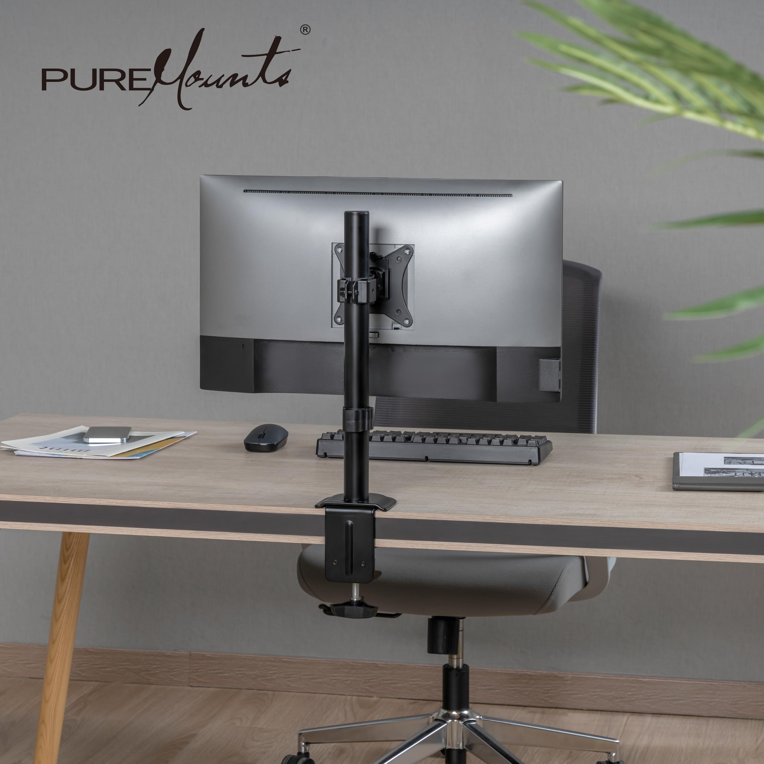 PureMounts Support de Moniteur, Support de Moniteur pour 1 écran, 17 à 32 Pouces, réglable en Hauteur, inclinable, pivotant, VESA 75 et 100, Support de Bureau, Support d'écran, Noir