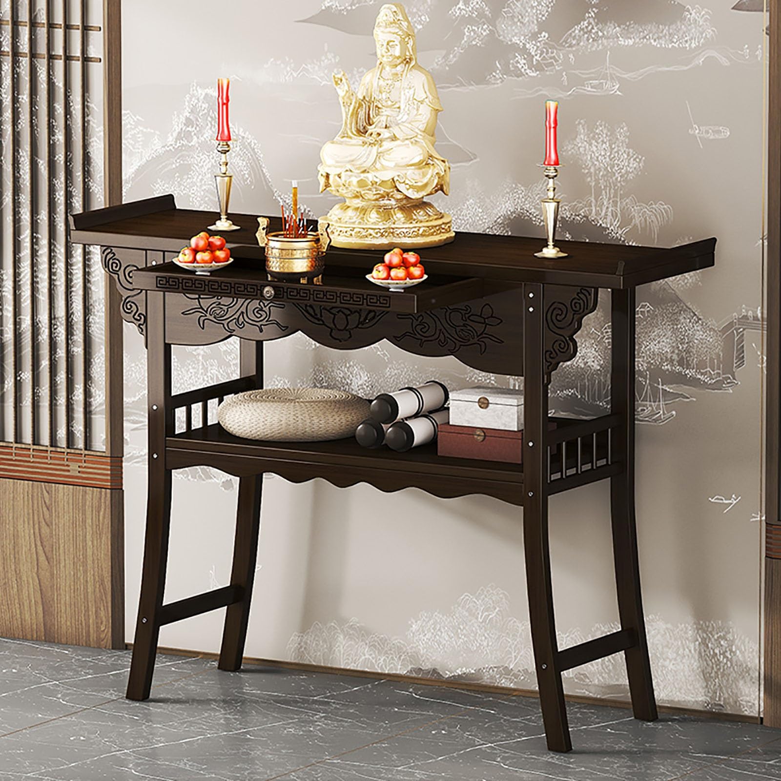 JNTFNE Personal Shrine Altar, Meditation Altar Table with Pull-Out Storage Board, Bamboo Pooja Cabinet Buddha Prayer Table, for Prayer, Divination, and Worship(100cm/39.4in)