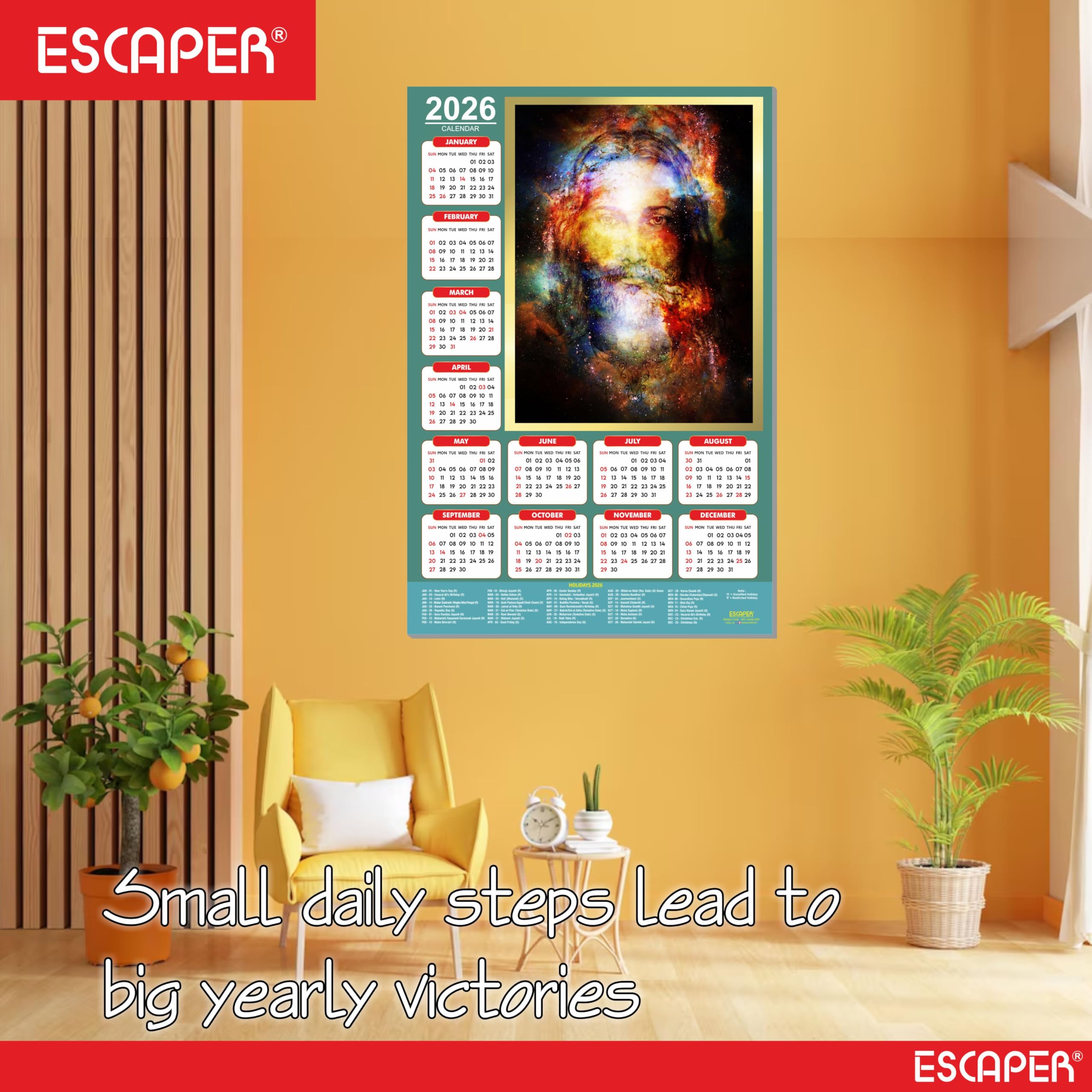 ESCAPER Calendario de pared de Jesús 2026, 12 x 18 pulgadas, calendario cristiano laminado con vacaciones indias, decoración religiosa de pared para el hogar y la oficina