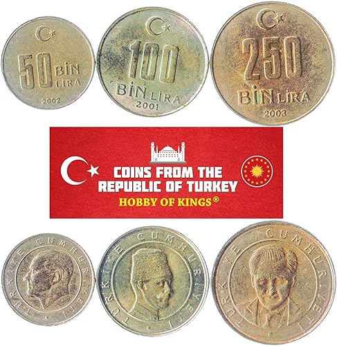 3 monedas de Turquía  Colección de monedas turcas 50000 100000 250000 liras  Circulated 2001-2004  Mustafa Kemal Atatürk  Media luna y estrella disponible en Yaxa Colombia