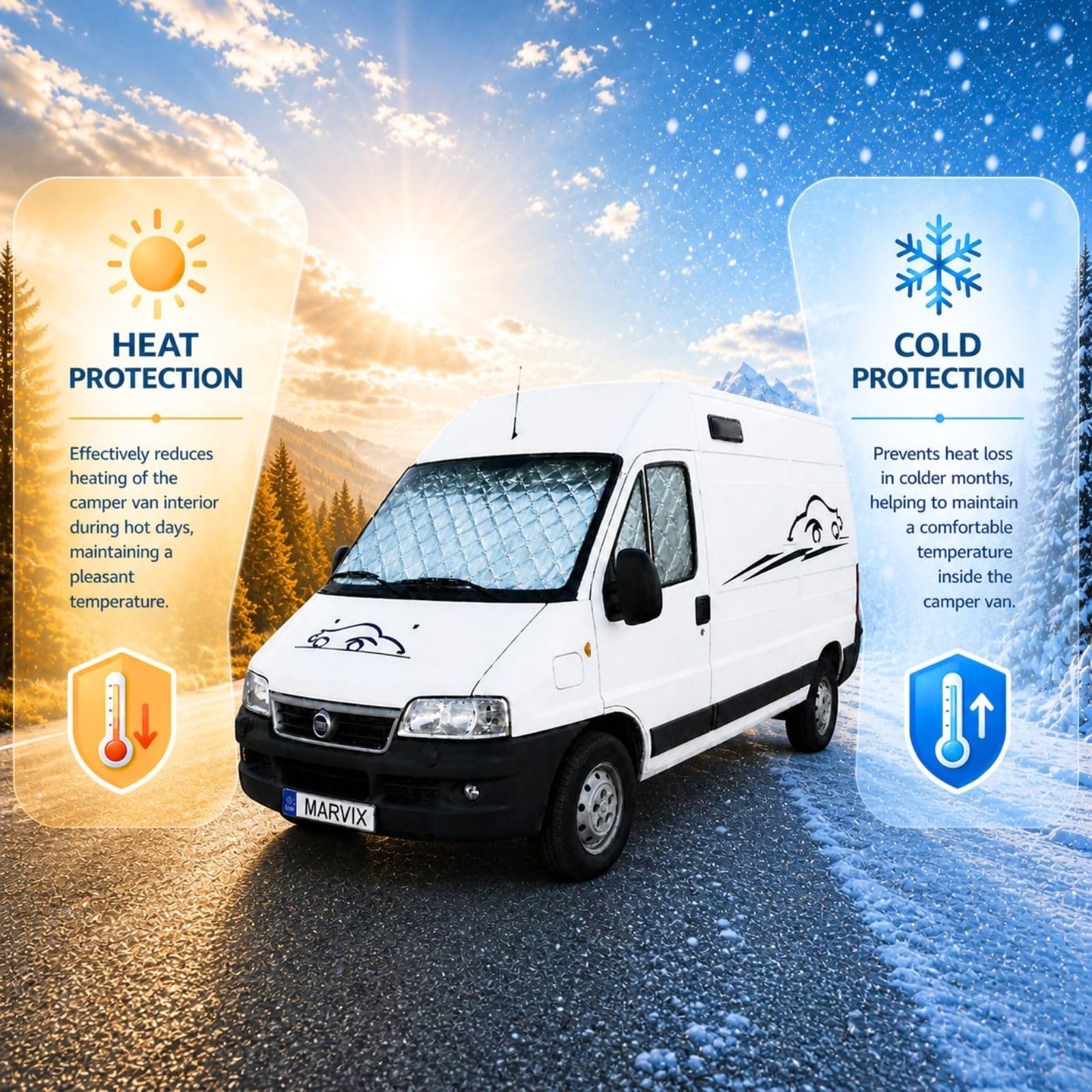 Marvix Thermo-Jalousien für interne Fahrerkabine, Premium-Fensterabdeckung, 9-lagig, für Fiat Ducato, Boxer & Relay 1994–2005 Wohnmobil, Campervan Isolationsschirme