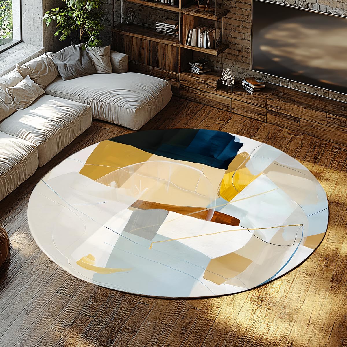 Abstraktes Kunstmuster Bereich Teppich 160cm Rund zeitgenössischer Blau-Gold-Geometrischer Design Küchenbodenmatte waschbare Wohnraumdekoration Akzentteppich für Büro