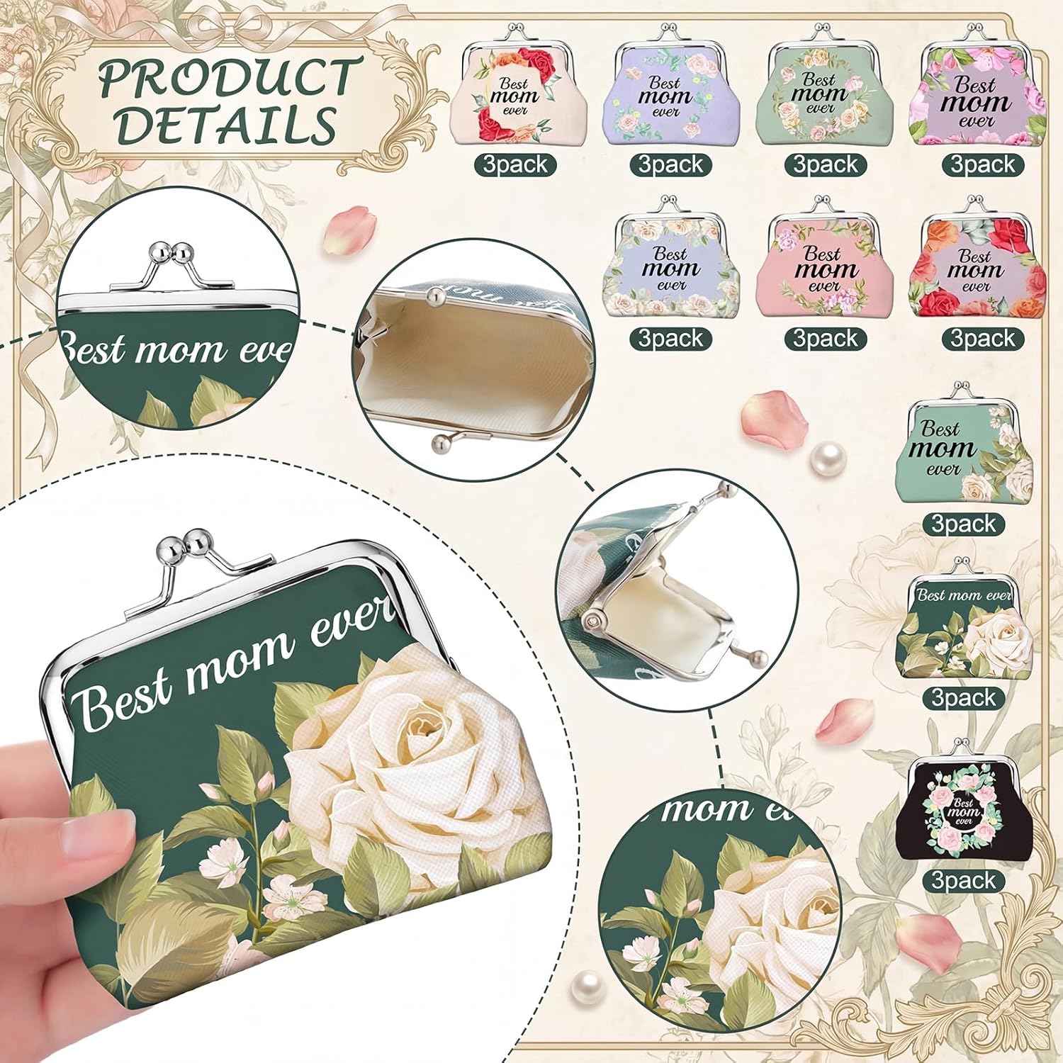 30 Pack Mother's Day Coin Purse Gift Bulk for Church Women Best Mom Ever Floral Kiss Lock Change Purses Party Favors Inspirational Vintage Mini Travel Pouches Wallet Bag for Mom Group Mama Gift