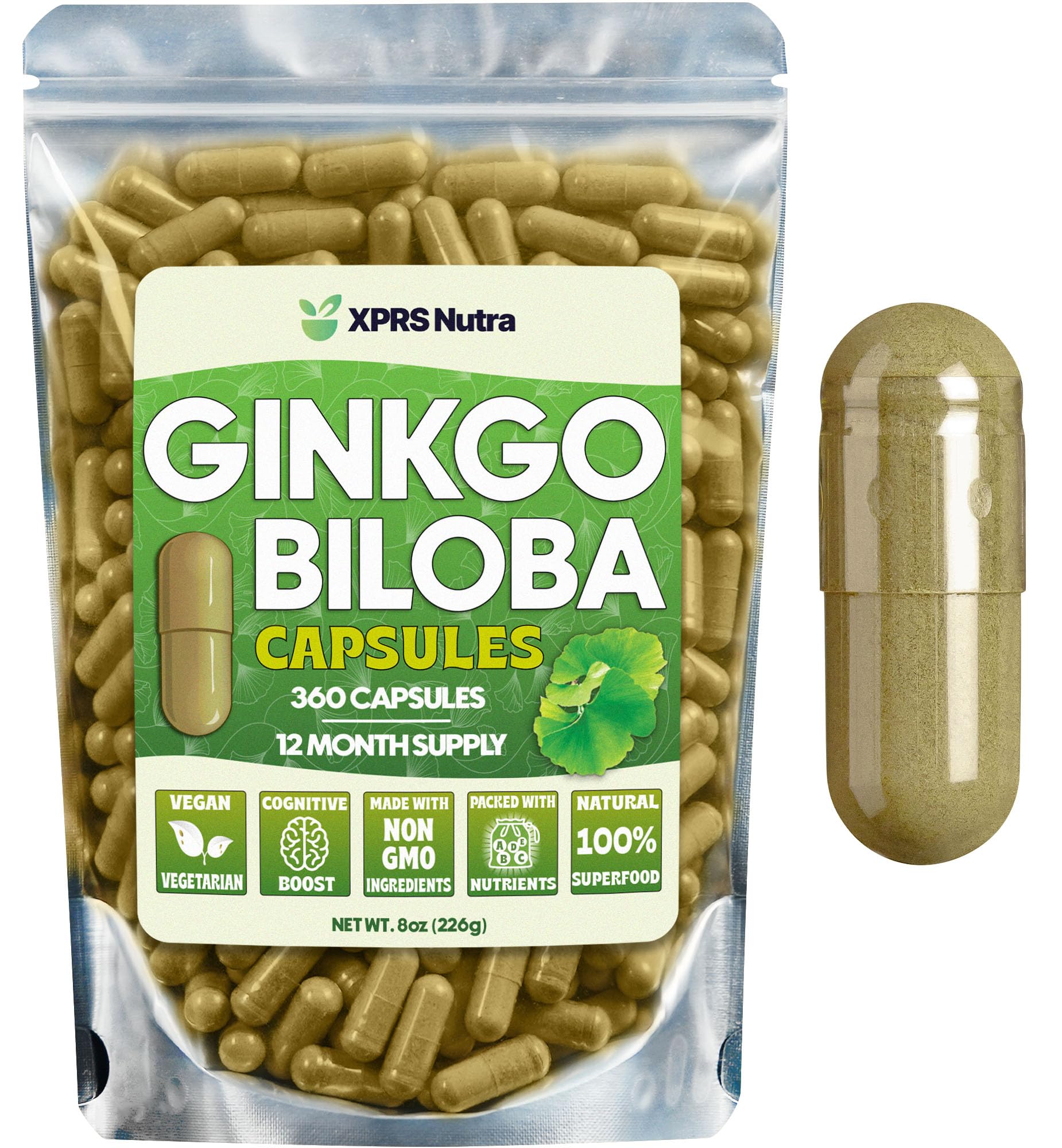 XPRS Nutra Ginkgo Biloba Capsules - Gingko Biloba Encapsulated Supplements for Cognition - Vegan Friendly Ginkoba Biloba - Immunity Boosting Ginkgo Biloba Capsules - 360 Count