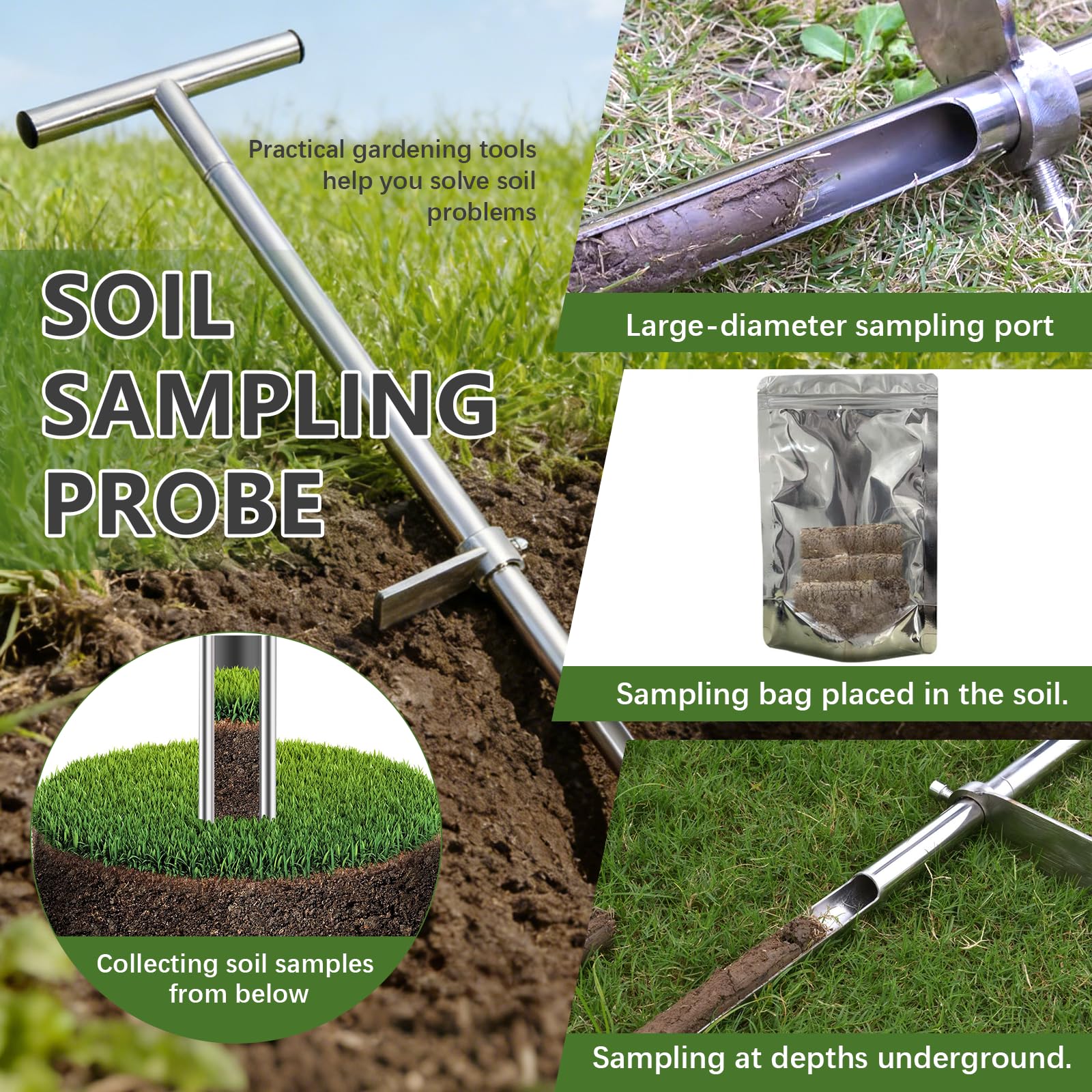 Sondes pour Échantillons de Sol, Sonde D'échantillonneur de Sol en Acier Inoxydable 304 Poignée Style T Kits de Test avec 2 Sacs d'Échantillons pour Pelouse Ferme Jardin