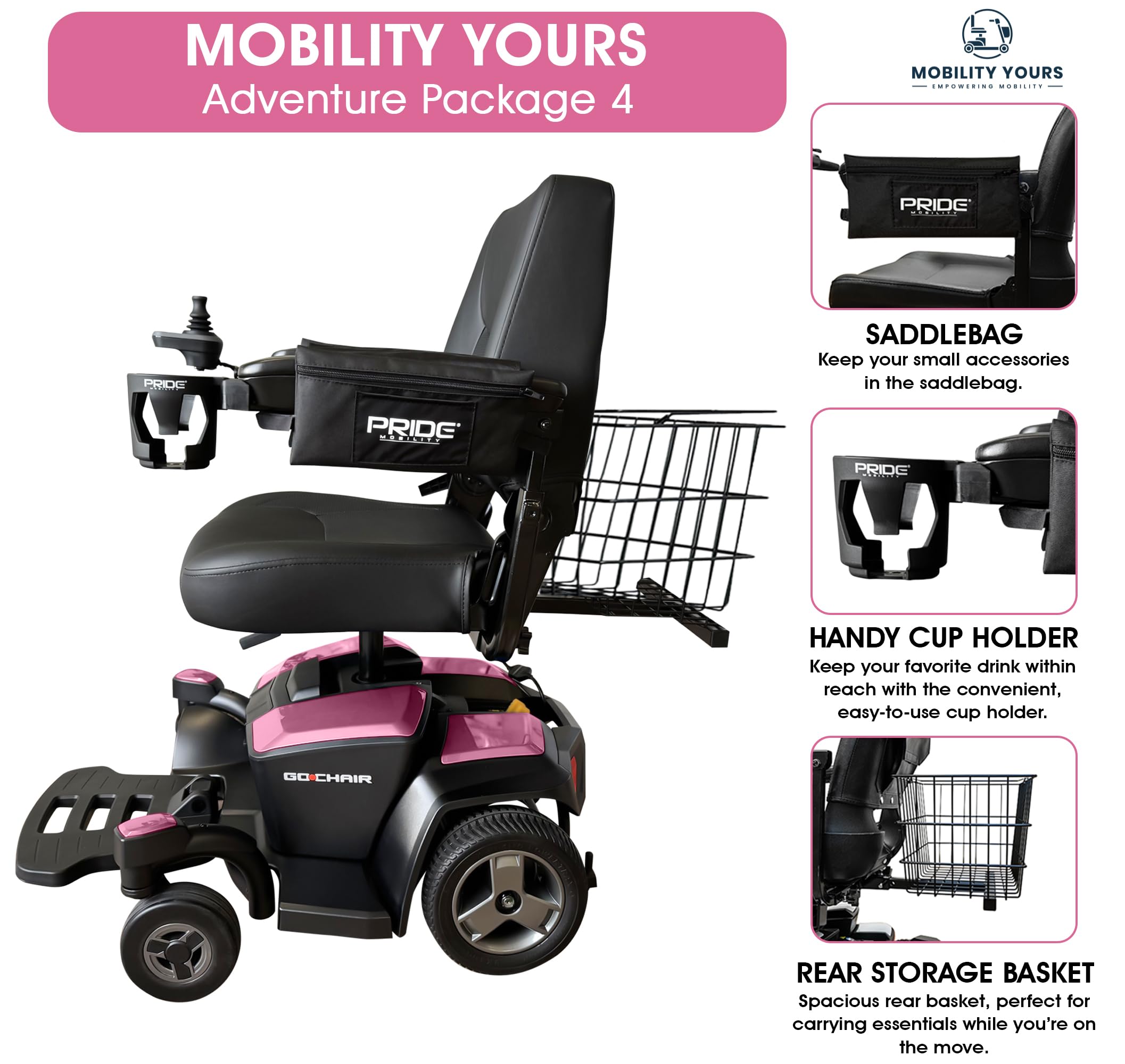 GO Chair Portable Electric Wheelchair for Adults+ Rear Basket, Cup Holder, Saddle Bag Compat. with Pride Mobility l 300 lbs Wt. Capacity, Ext. Warranty (Rose Quartz, 20