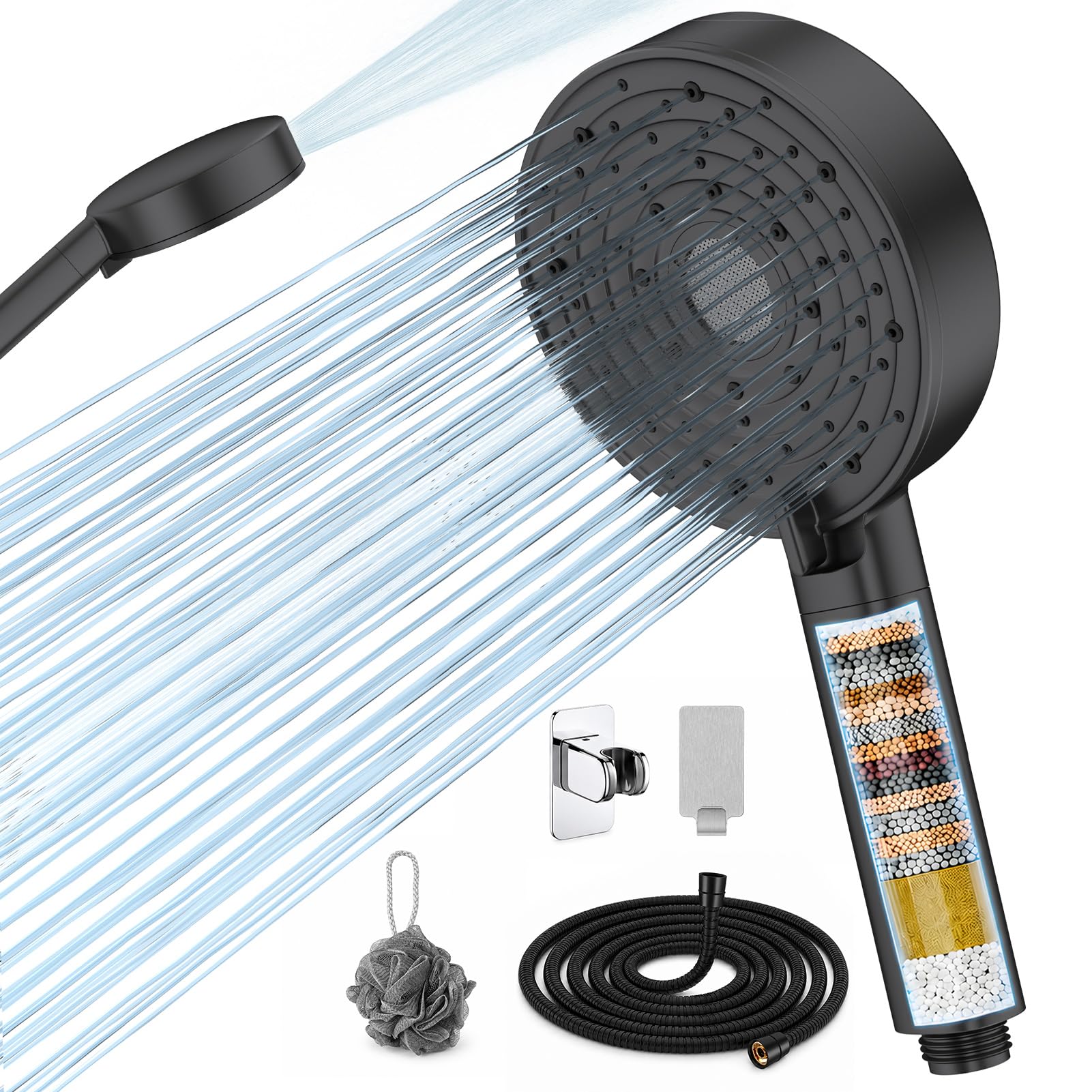 Shower Head and Hose,Hard Water Filter ShowerHead, 25-Stage Filtration for Chlorine Removal, Bathroom Shower Systems High Pressure Shower Head with 10 Spray Modes & Built-in Power Wash