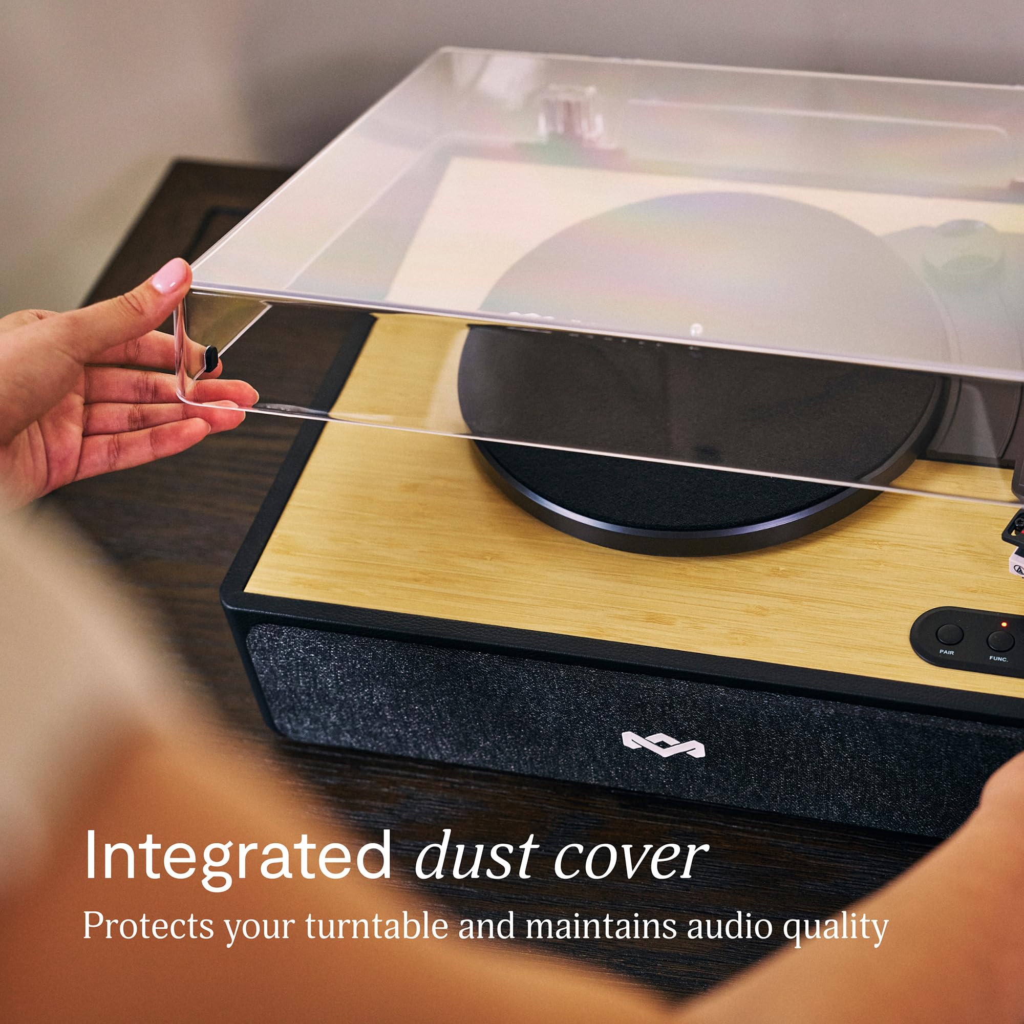 House of Marley Rise Up Giradischi Bluetooth con Casse Integrate - Giradischi Vinili a 3 velocità, Streaming a 2 vie, Finitura in Bambù e Coperchio Antipolvere, Realizzato in Modo Sostenibile