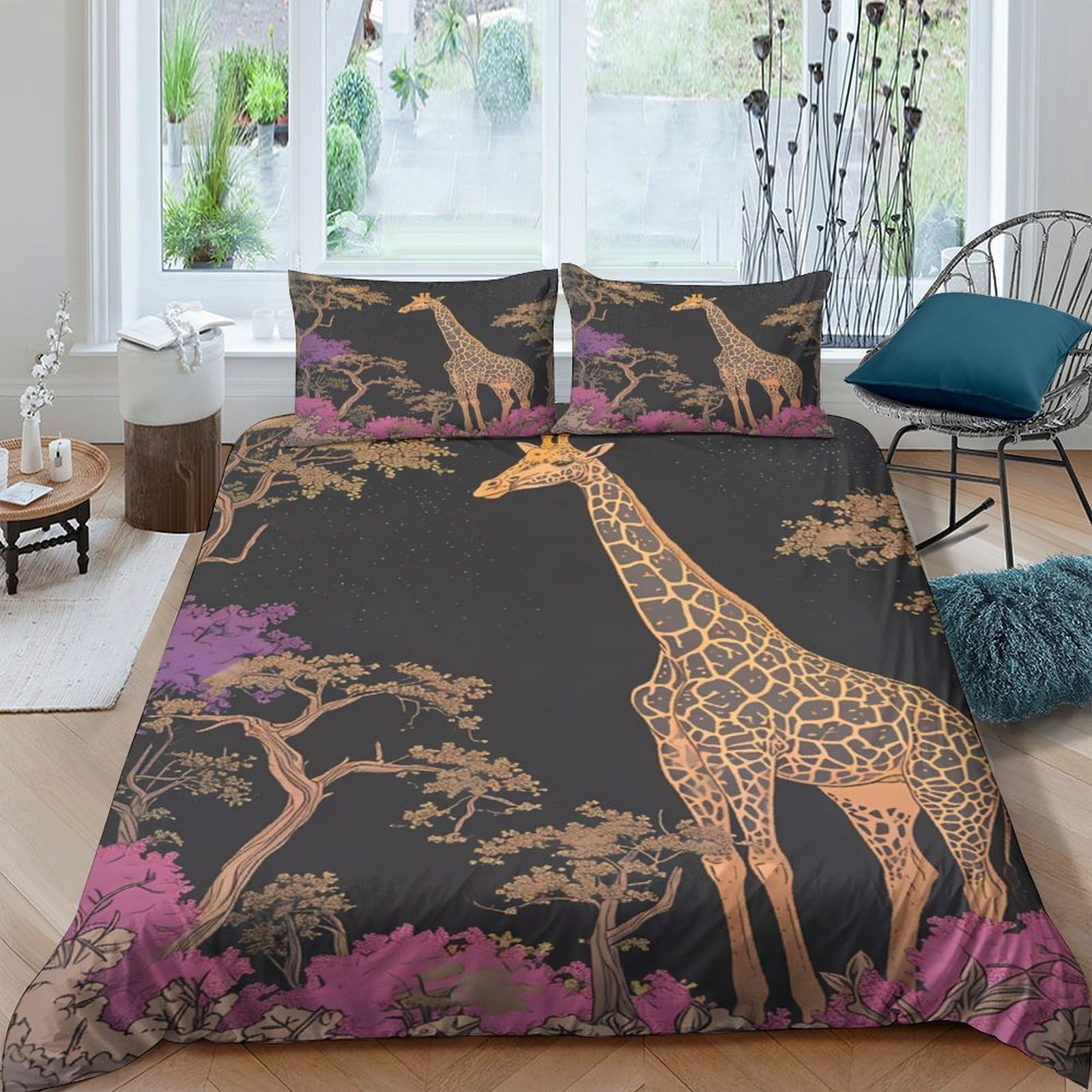 Ctjqhvkz Style-1 3D Printed Giraffe Forest Fitted Sheet Microfiber Soft Black Gold Tree Mattress Cover For Bedroom Guest Room Decor Single（135X200cm）