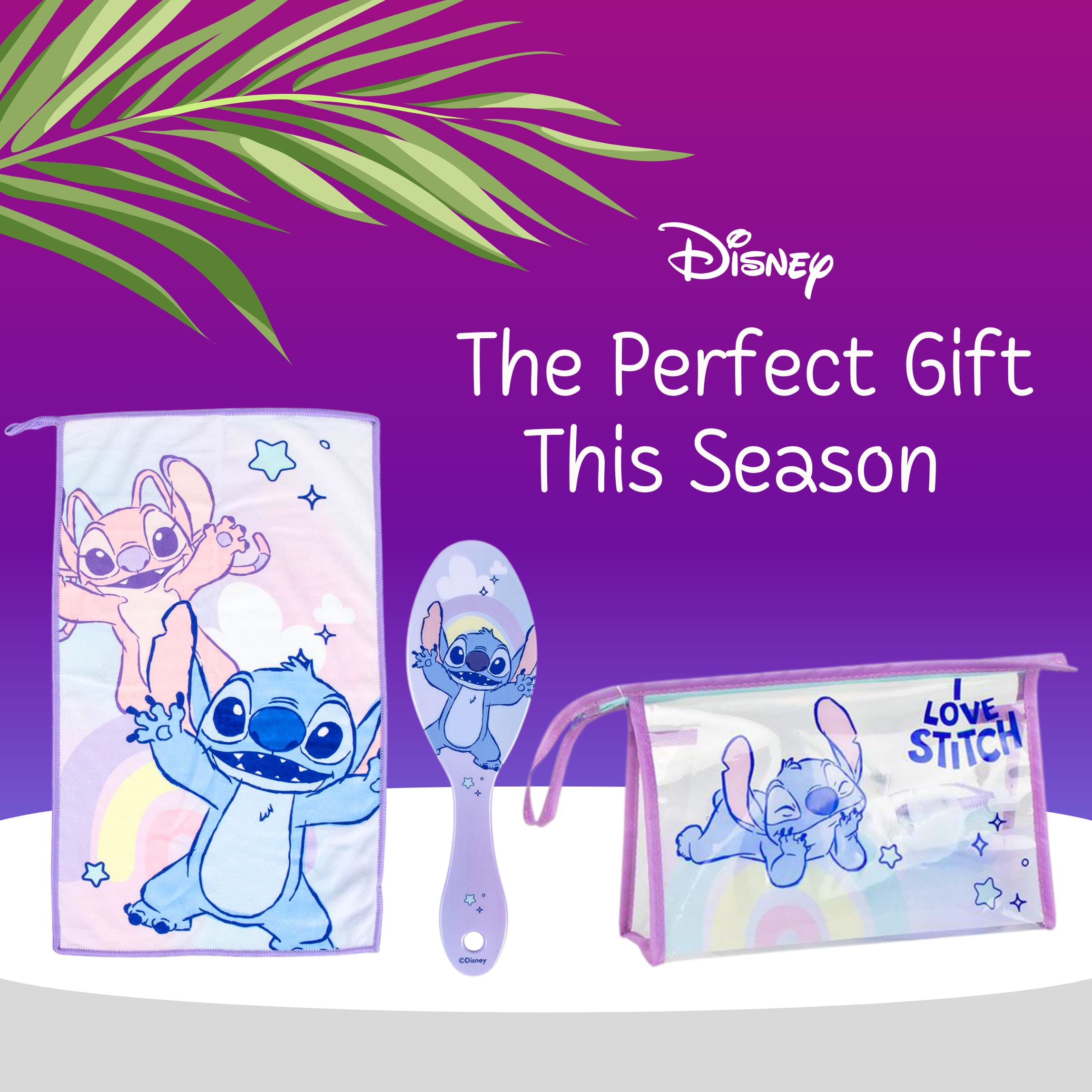 Disney Stitch Trousse de Toilette pour Enfant, Motif Stitch et Angel, avec Brosse à Cheveux, Serviette et Porte-Monnaie, sans PVC