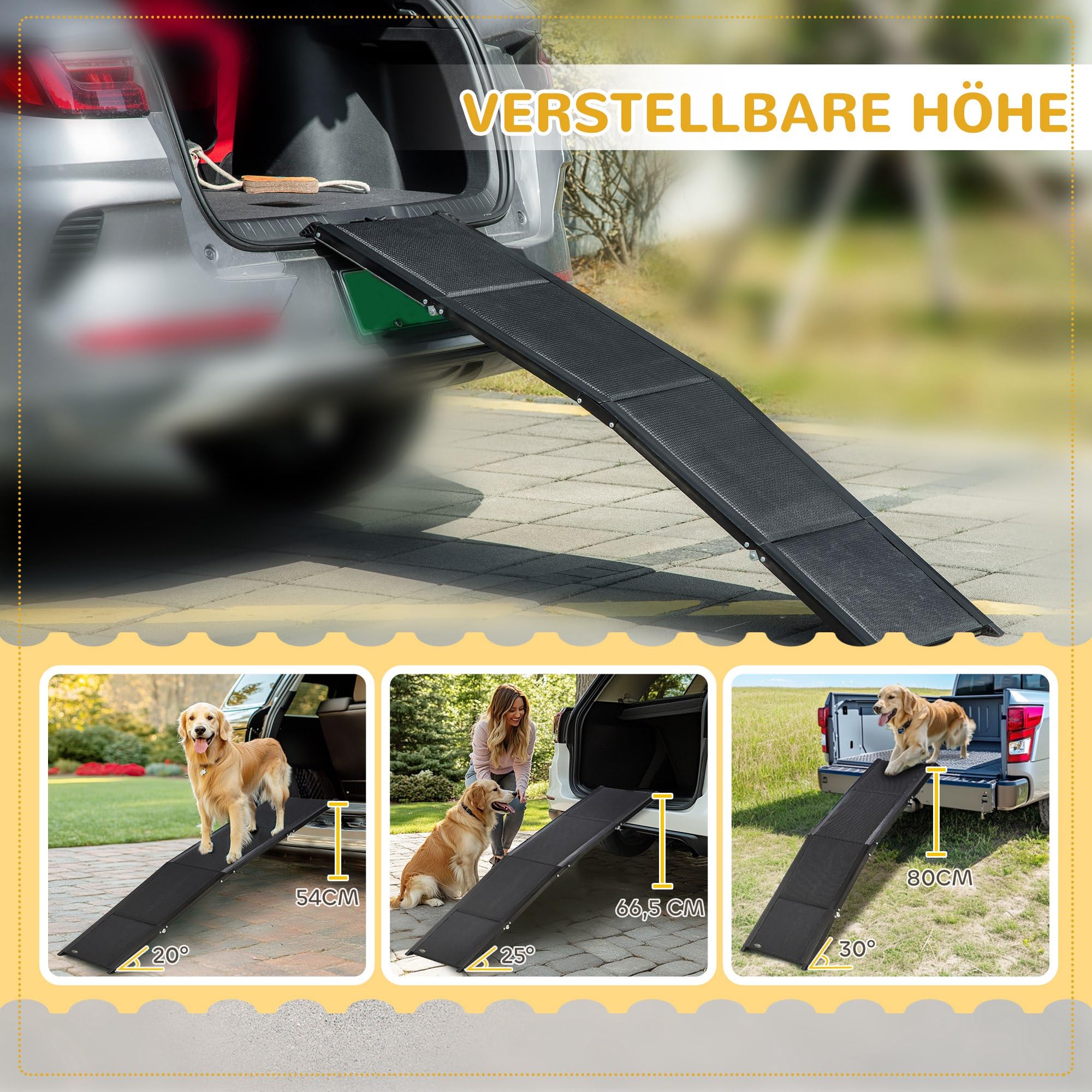 PawHut Hunderampe klappbar Hundetreppe Auto & SUV rutschfest Einstiegshilfe für Kofferraum, 158x43,5cm, Hundeautorampe für große Hunde bis 40 kg Schwarz