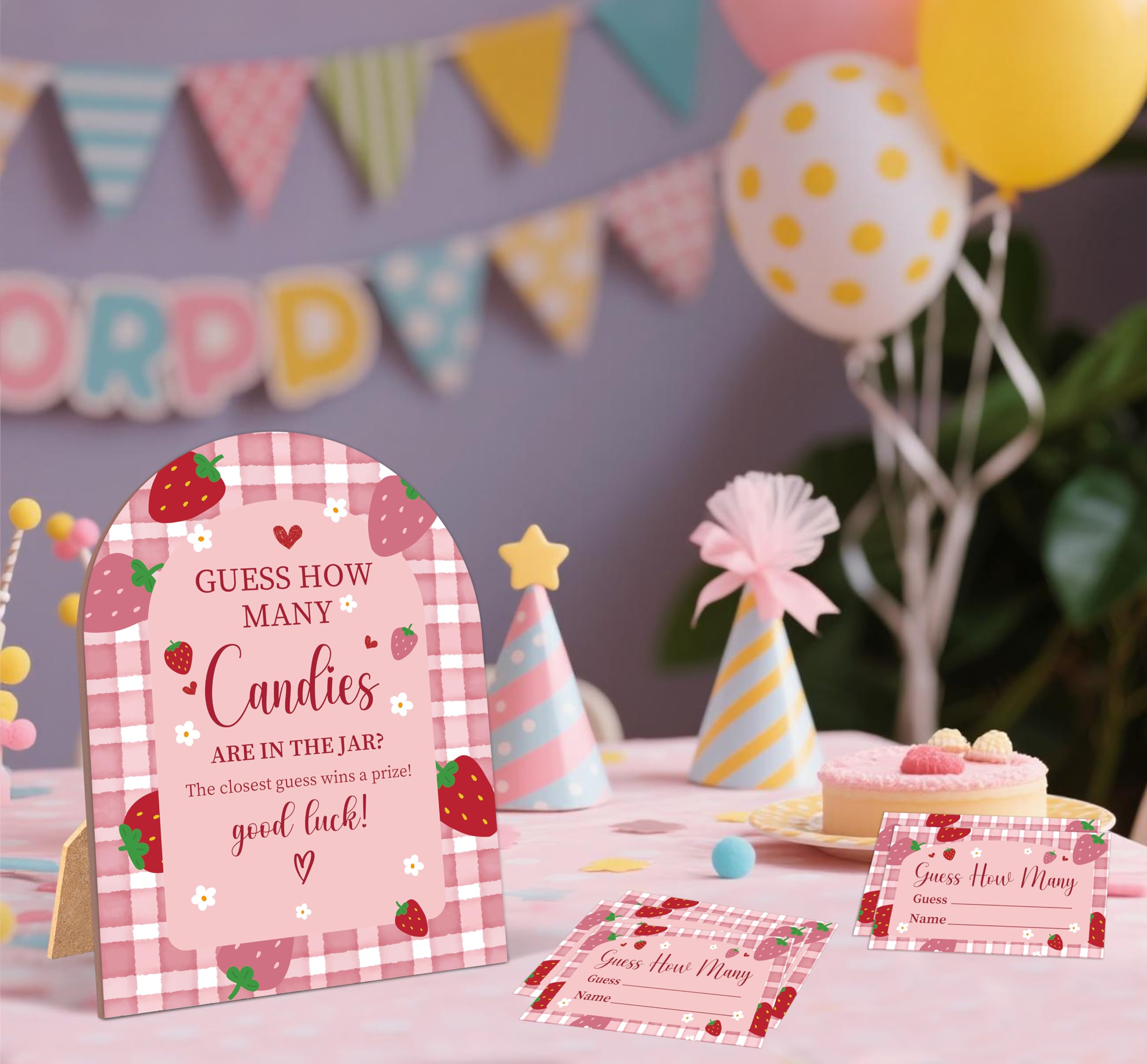 Juego de 51 piezas de fresa Cuántos dulces están en el tarro, juego de baby shower, letrero de madera de arco de 6 x 8 pulgadas con soporte y 50 tarjetas de adivinación, decoración de fiesta neutral