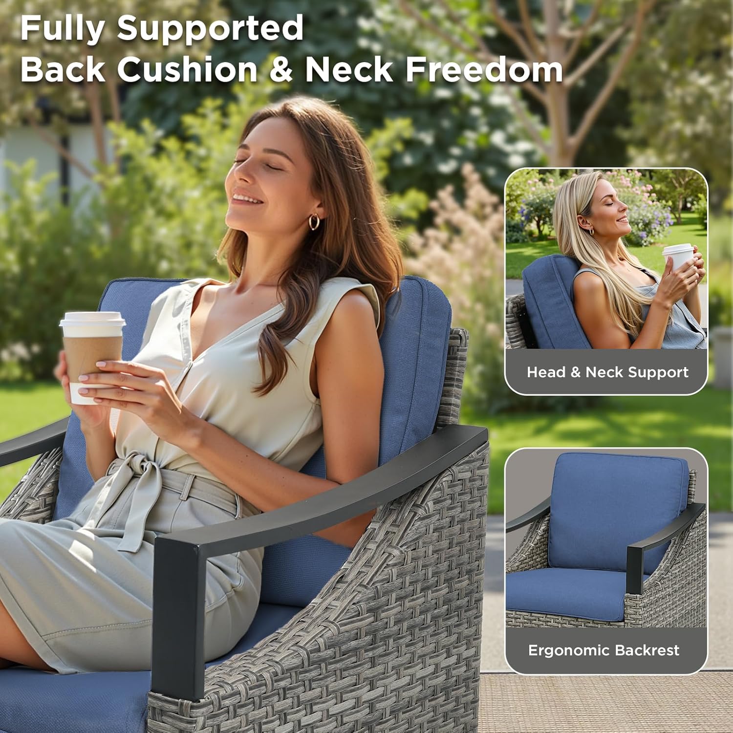 7 Pieces Patio Furniture Sets - High Back Outdoor Sectional Couch with Wicker Swivel Rocker Chairs, Rattan Ottomans with Side Table, Patio Conversation Set for Deck Garden Porch Balcony Gray/Blue