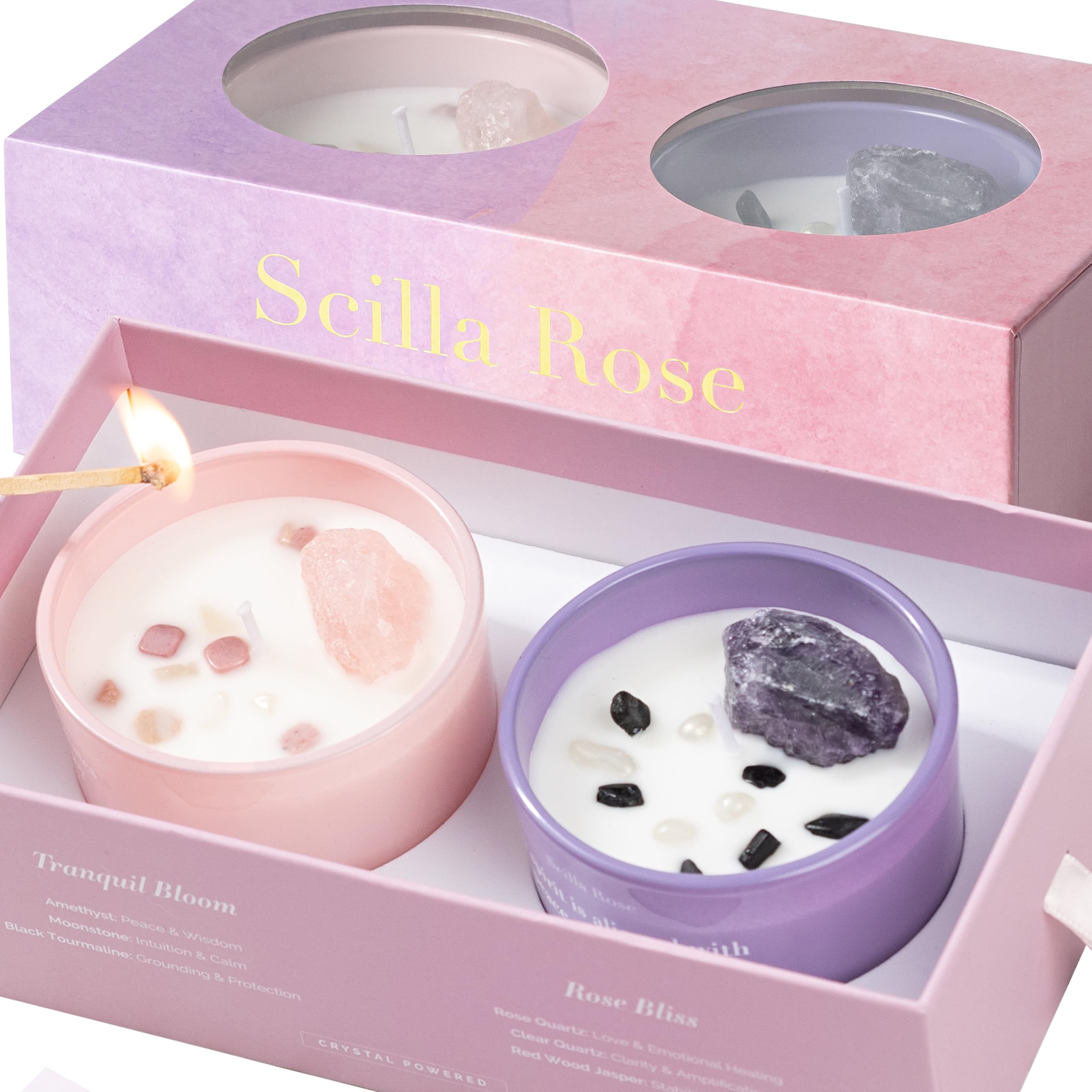 Scilla Rose Juego de velas de cristal de lujo, velas de cera de soja perfumadas de cuarzo rosa y amatista, cuidado personal de aromaterapia, sueño de lavanda, alivio del estrés, regalos únicos