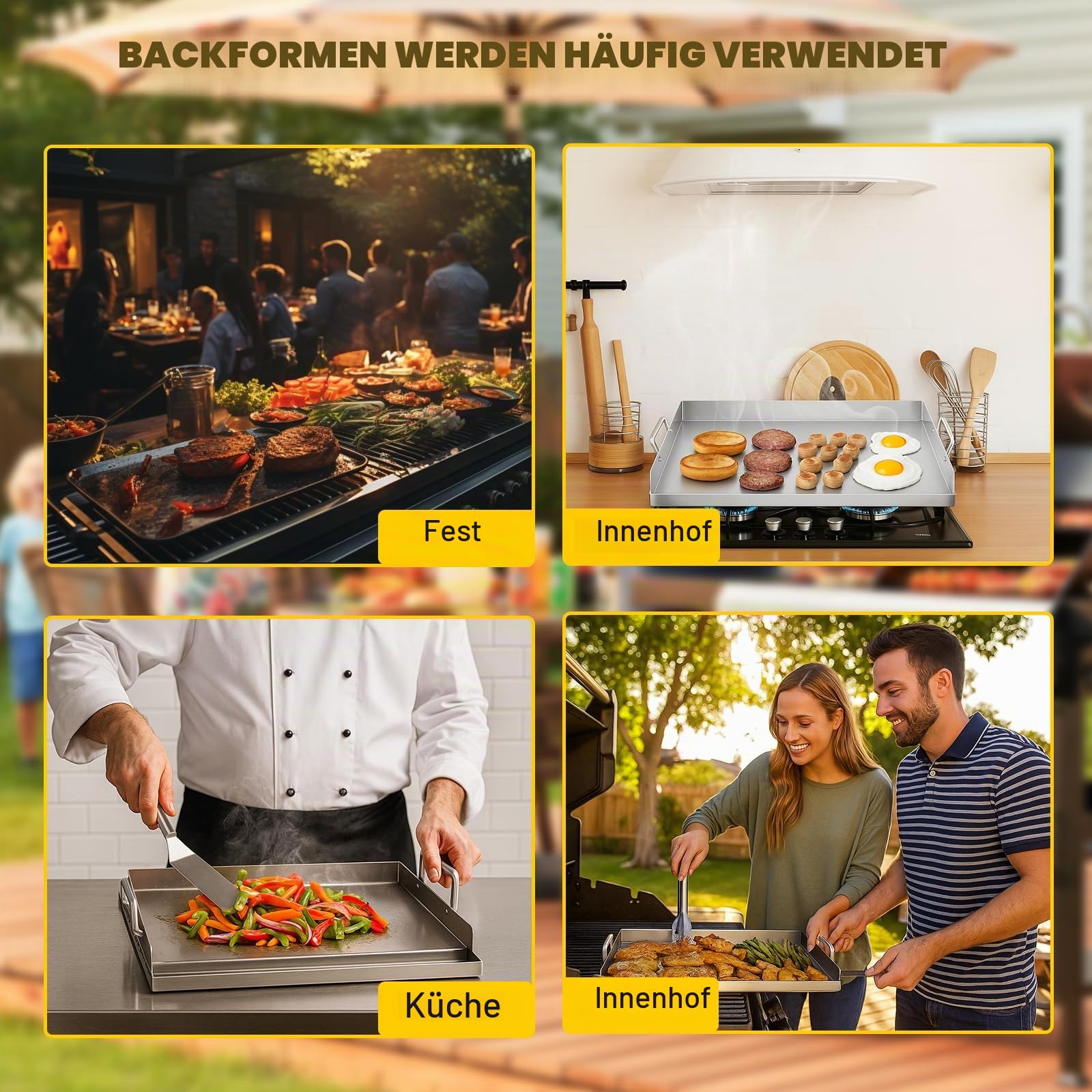 Plancha Grillplatte Edelstahl 51x32x7cm, Grillplatte Gasgrill für Holzkohle Grillwagen & Gasgrill, Antihaftbeschichtung, Fettwanne & Stabiler Aufbau