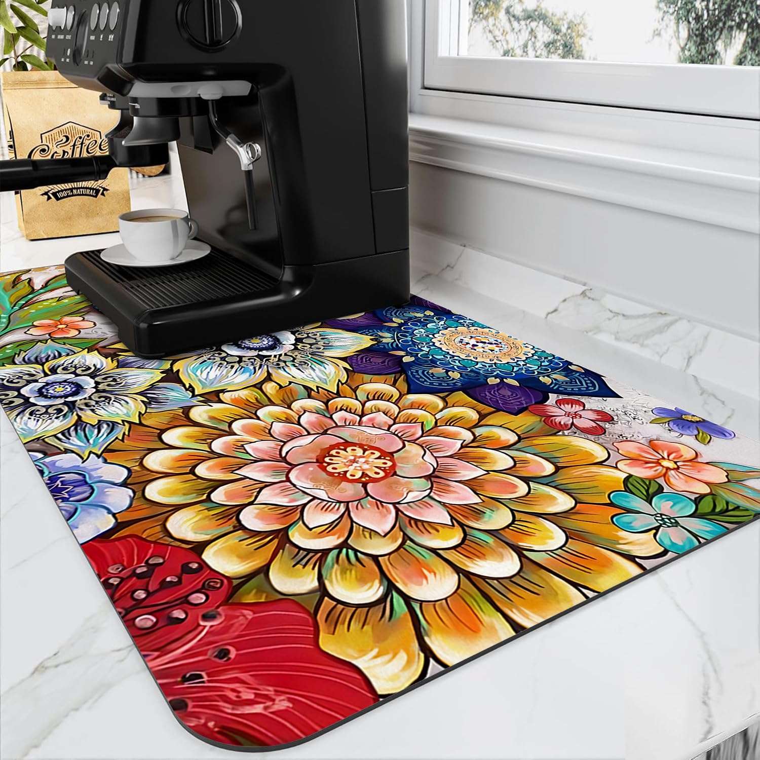 Colorful Boho Floral Coffee Mat Dish Drying Mats for Kitchen Counter, Coffee Bar Mat for Countertop Floor Bohemian Vintage Flower Draining Pad Decor Gift Fit Under Coffee Maker (20x12in)