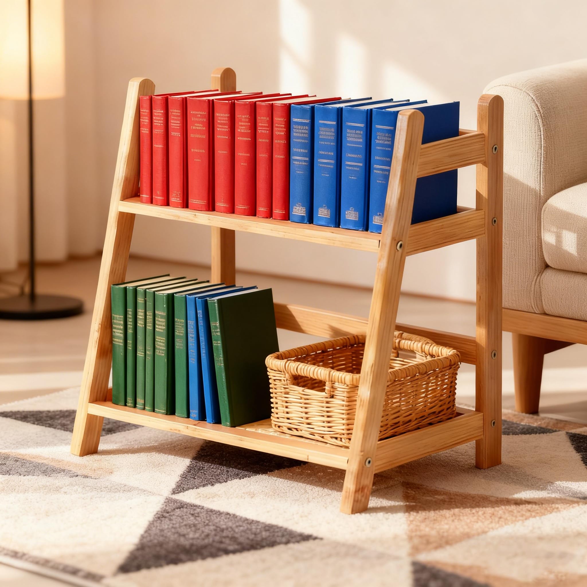 Wicker-Look 2-poziomowy stojak do przechowywania herbaty i kawy – stylowe kuchenne półki na szafki z naturalnego drewna, 26,5 x 18 x 28,5 cm, oszczędność miejsca, do domu i kawiarni