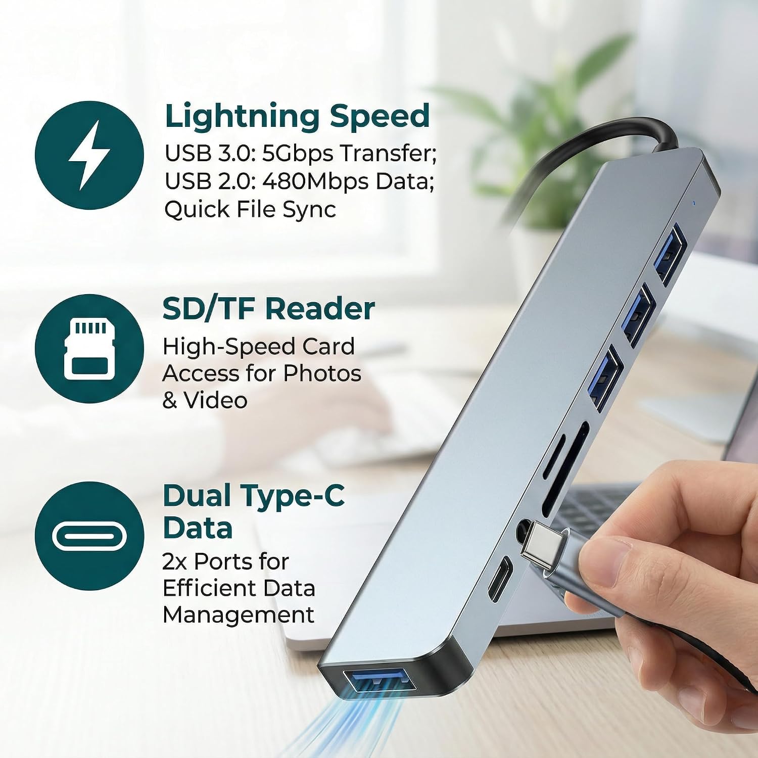 USB C & USB Hub 8-in-1 with USB 3.0, USB-C Ports for PC/Laptops/MacBook Pro/Air/iMac/iPad and More Devices