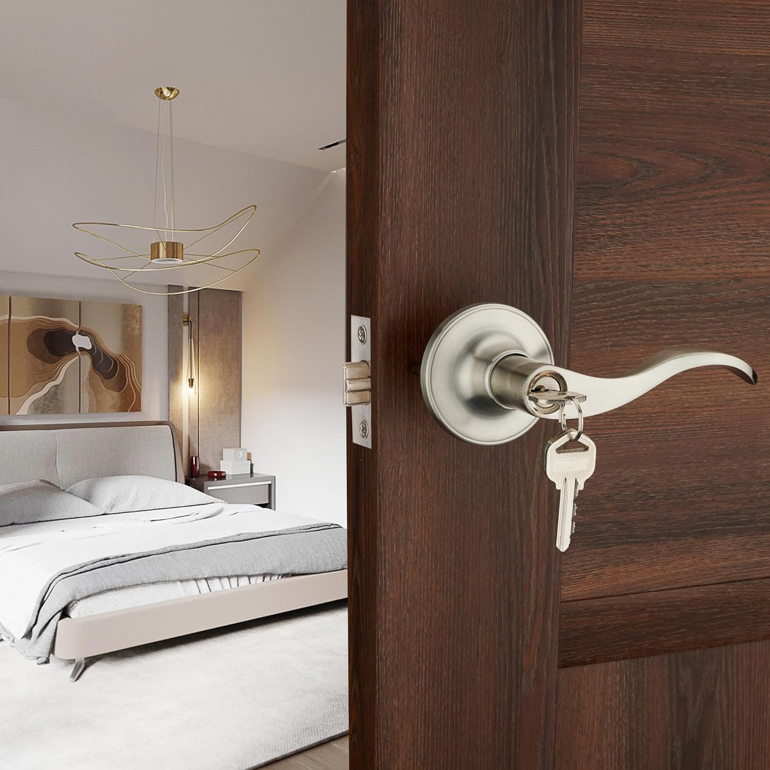2 Pack of HENYIN Wave Lever Keyed Entry Door Lock/Door Knob Hardware Handle and Closet Lockset, Silver Color, with Key,Right Hand(805SN-R-2)