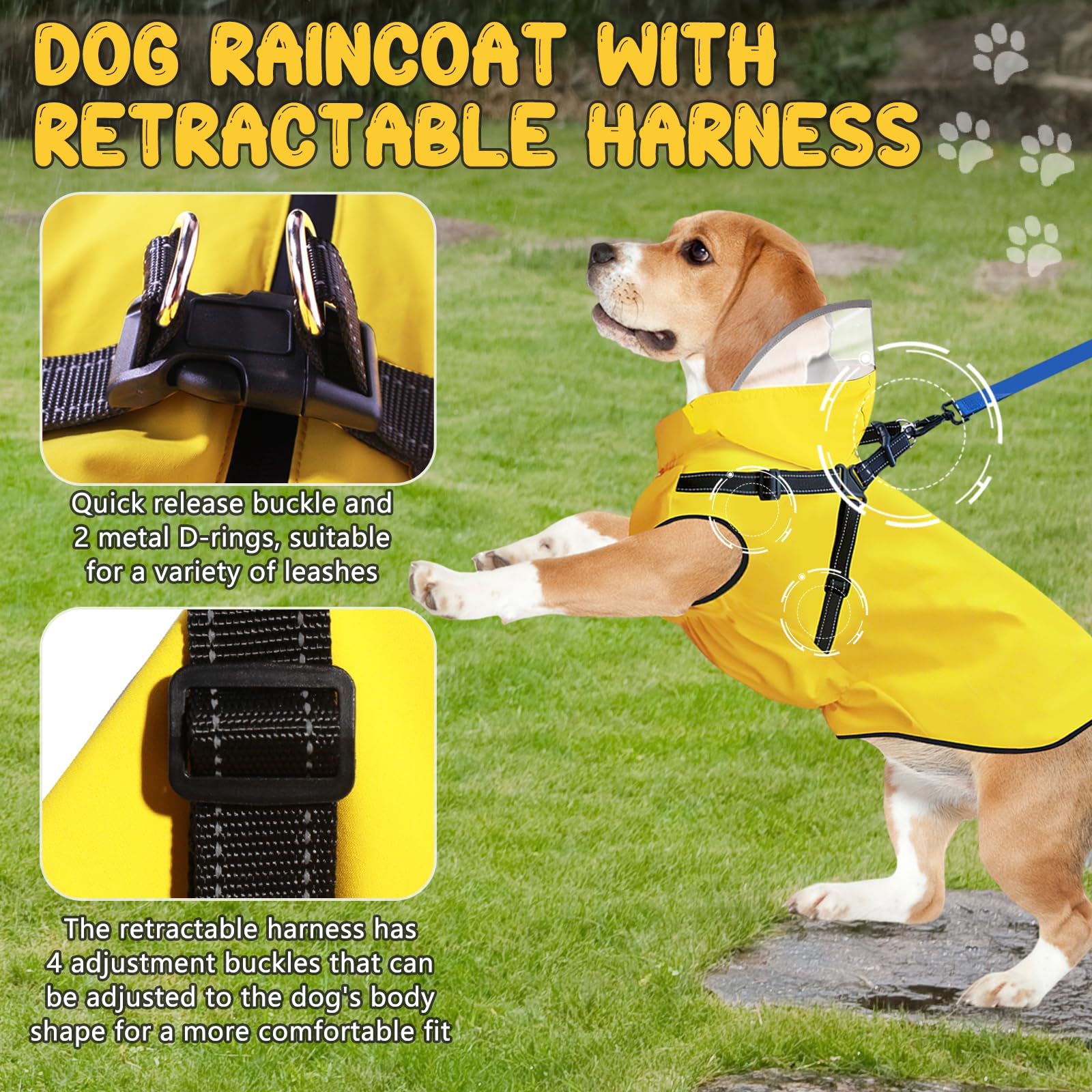 Chubasquero para perros, chubasquero con arnés reflectante y capucha transparente extraíble, chubasquero transpirable para perros, poncho, ligero, impermeable, ropa para pequeños, medianos y
