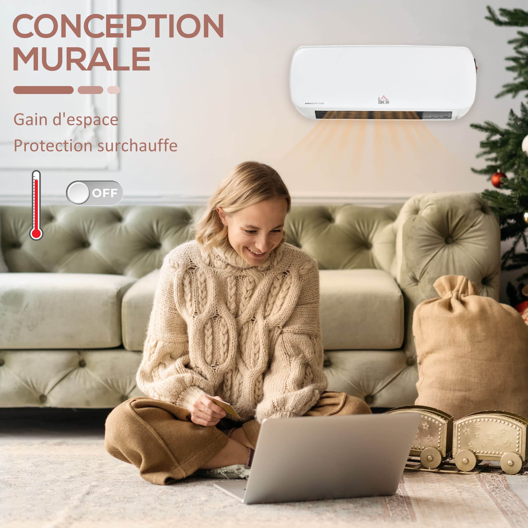 HOMCOM Radiateur mural soufflant 2000 W - chauffage céramique PTC - 3 niveaux de puissance - télécommande incluse blanc noir