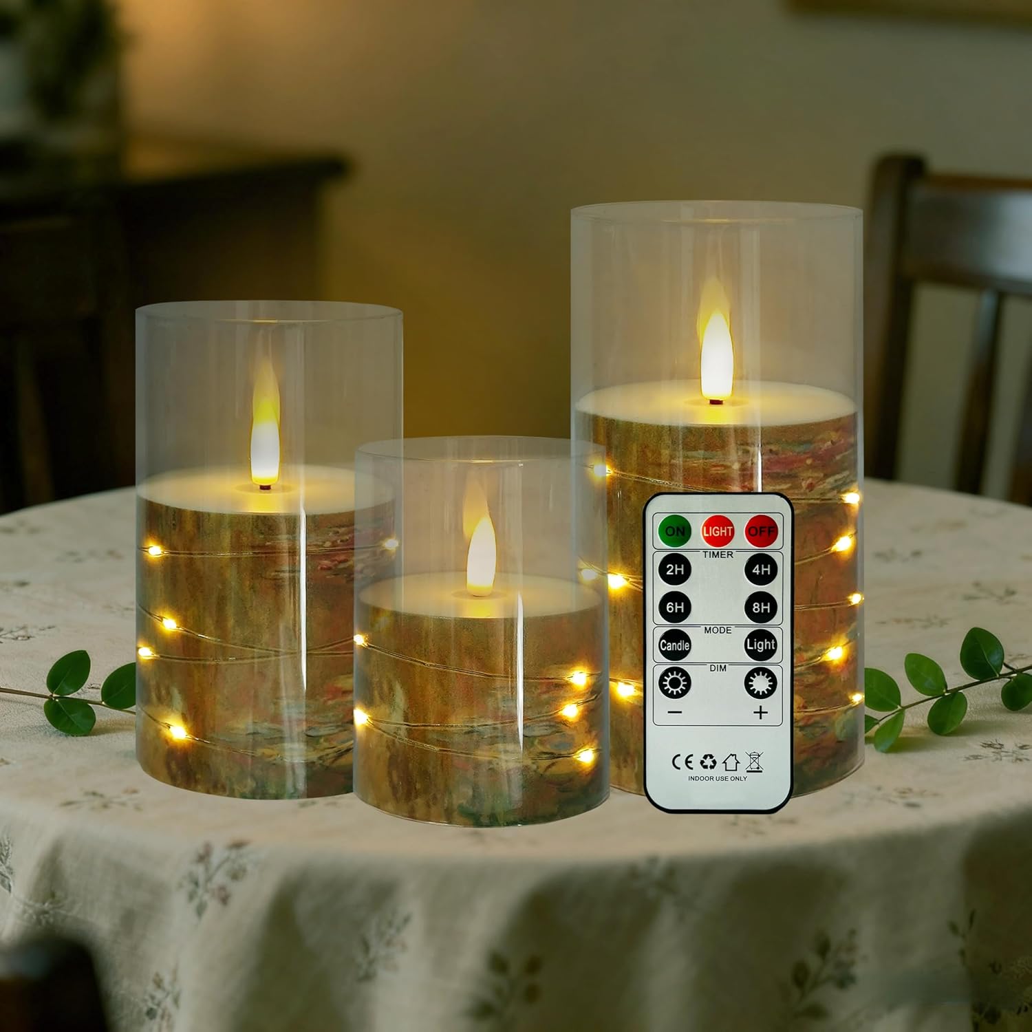 Water Lily Oil Painting Printed Flameless Candles Set of 3, 4' 5' 6' Flickering LED Candles, Battery Operated Candle, 10-Key Timer Remote for Home Decor Gift Wedding