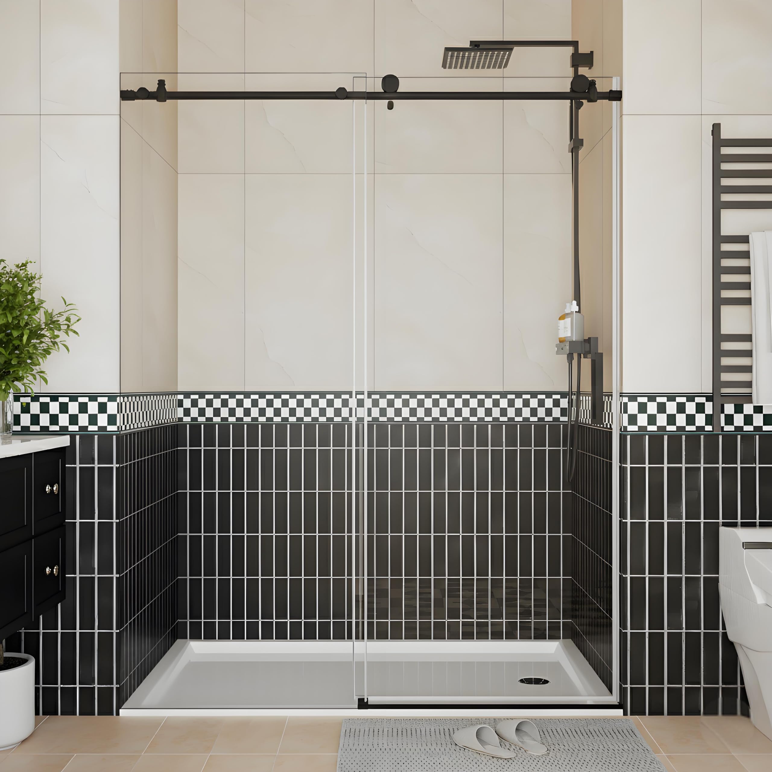 Glass Shower Door, Sliding Frameless Shower Door Design 56-60" Adjustable Width x 72" H, 1/4" Tempered Safety Glass with Stainless Steel Handle, Matte Black, Stylish Bathtub and Shower Enclosure
