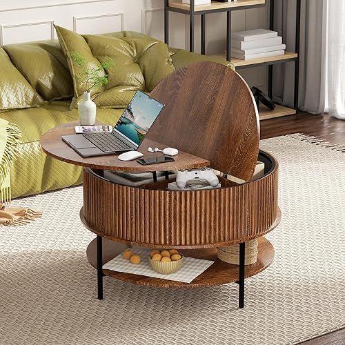 Mesa de centro redonda con parte superior de almacenamiento y elevación, mesas de centro acanaladas circulares de madera, mesa central para sala de