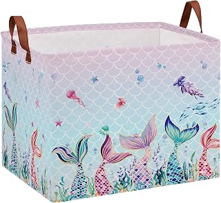 Mermaid Room Decor Laundry Basket for Girls - Ocean Theme Hamper, Freestanding Stackable Kids Storage Bin for Clothes, Toys, Books - Pink Organizer Box (Upgraded Metal Frames)
