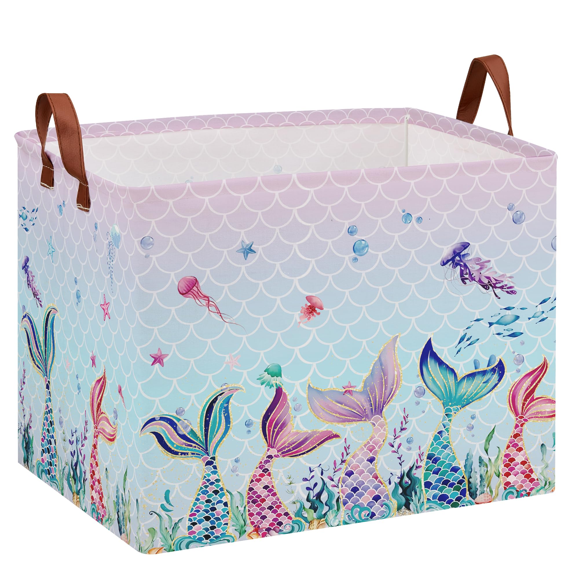 XHWZOF Mermaid Room Decor Laundry Basket for Girls - Ocean Theme Hamper, Freestanding Stackable Kids Storage Bin for Clothes, Toys, Books - Pink