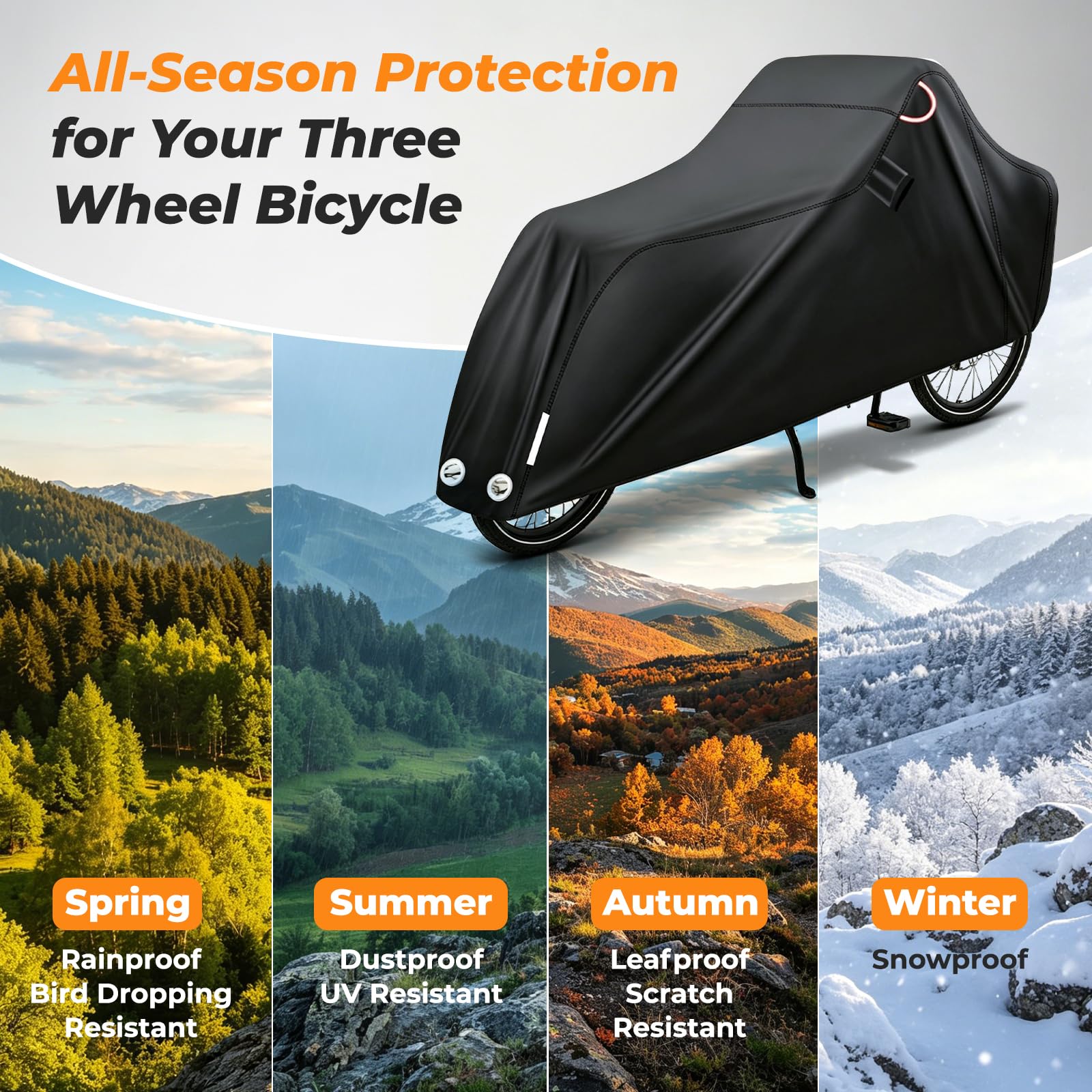Housse de Protection Vélo Cargo, Tissu Oxford 420D Housse pour Vélo de Charge, 270*63*74*100cm, Exterieur avec Bandes Réfléchissantes, Imperméable à La Pluie, à La Neige