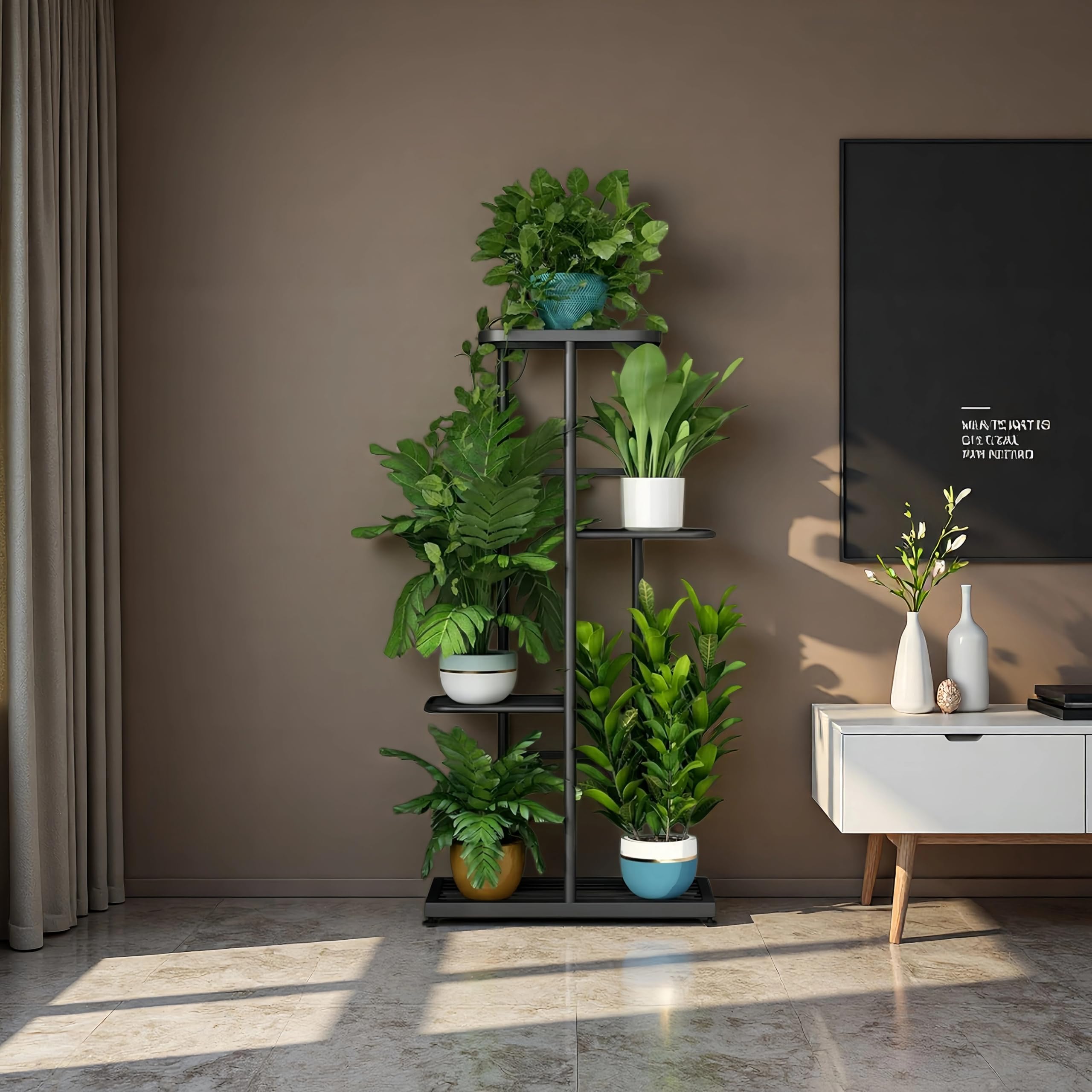 LINZINAR Soporte de metal para plantas de 4 niveles y 5 macetas, estante para macetas para interiores y exteriores, estantería de exhibición para patio, jardín, esquina, balcón, sala de estar (4