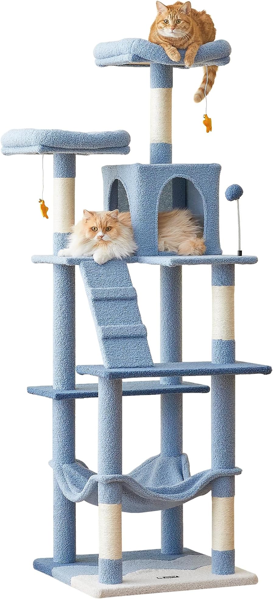MWPO Ocean-Themed Cat Tree, 70.1-Inch Multi-Level Tall Tower for Indoor Cats, Plush Cat Condo with Big Padded Perches, Sisal-Covered Scratching Posts, Hammock, Toys for Kittens, Blue