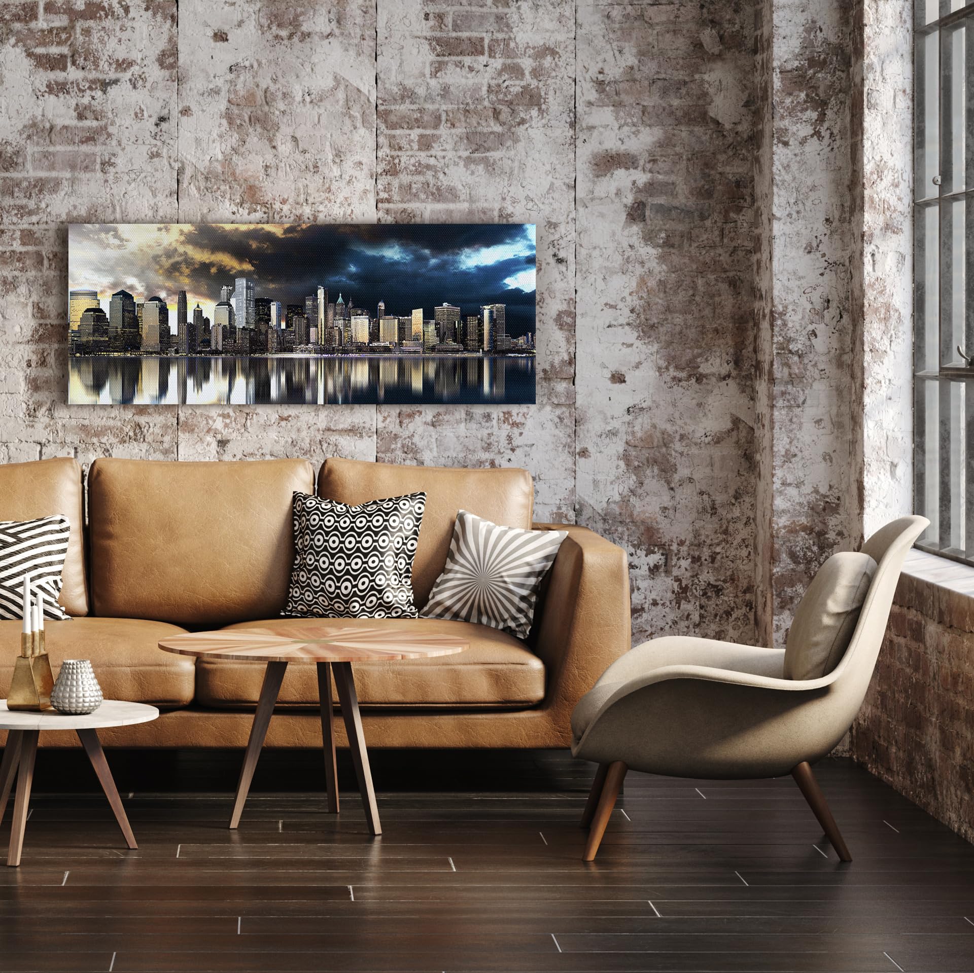STYLER Obraz na płótnie Golden City 60 x 150 cm I obraz ścienny miasto Skyline ciemne chmury I obrazy salon płótno I dekoracja ścienna dom druk artystyczny I obrazy miasta I różne motywy i rozmiary
