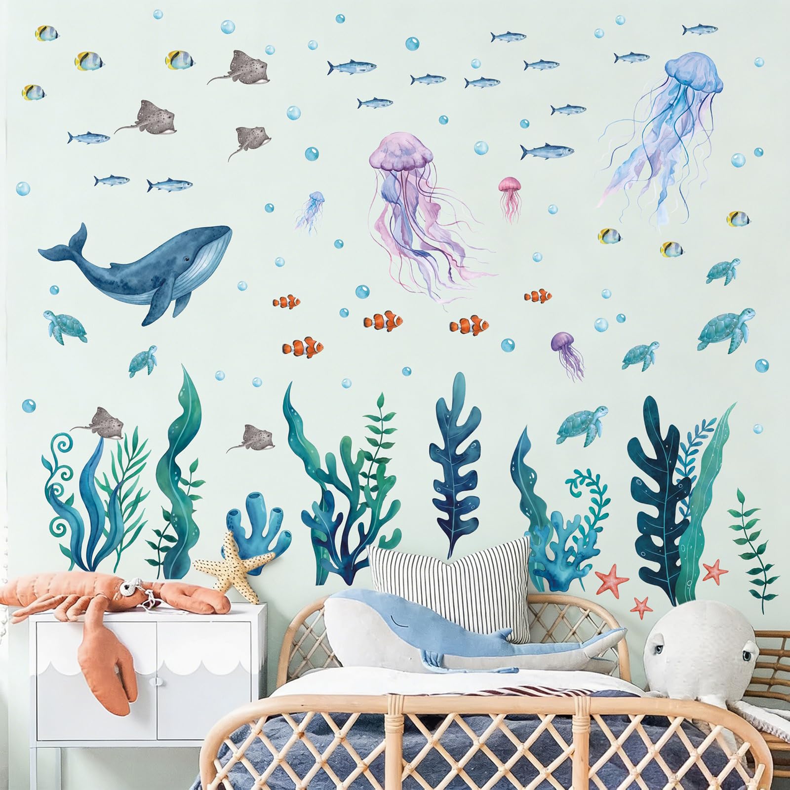 CHDITB Under the Sea Wall Sticker Watercolor Whale Jellyfish Wall Decoration Blue Ocean Animal Sea Turtle Seaweed Decor for Bathroom Baby Nursery Bedroom Underwater World Decals for Home Living Room