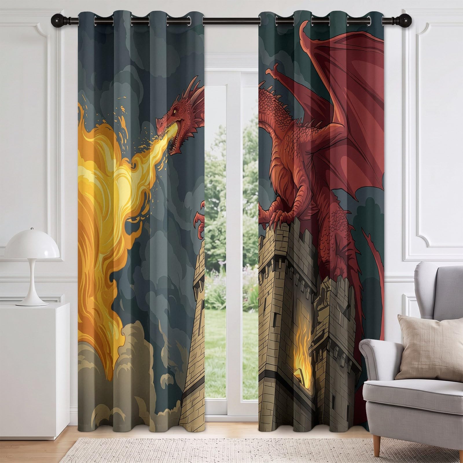 Zasłona przeciwpożarowa, 100% termiczna zasłona zaciemniająca z oczkami, zestaw 2 szt., 75 x 166 cm, fantastyczne zwierzątko do sypialni chłopięcej, do pokoju dziecięcego, gry zaciemniające i redukcja